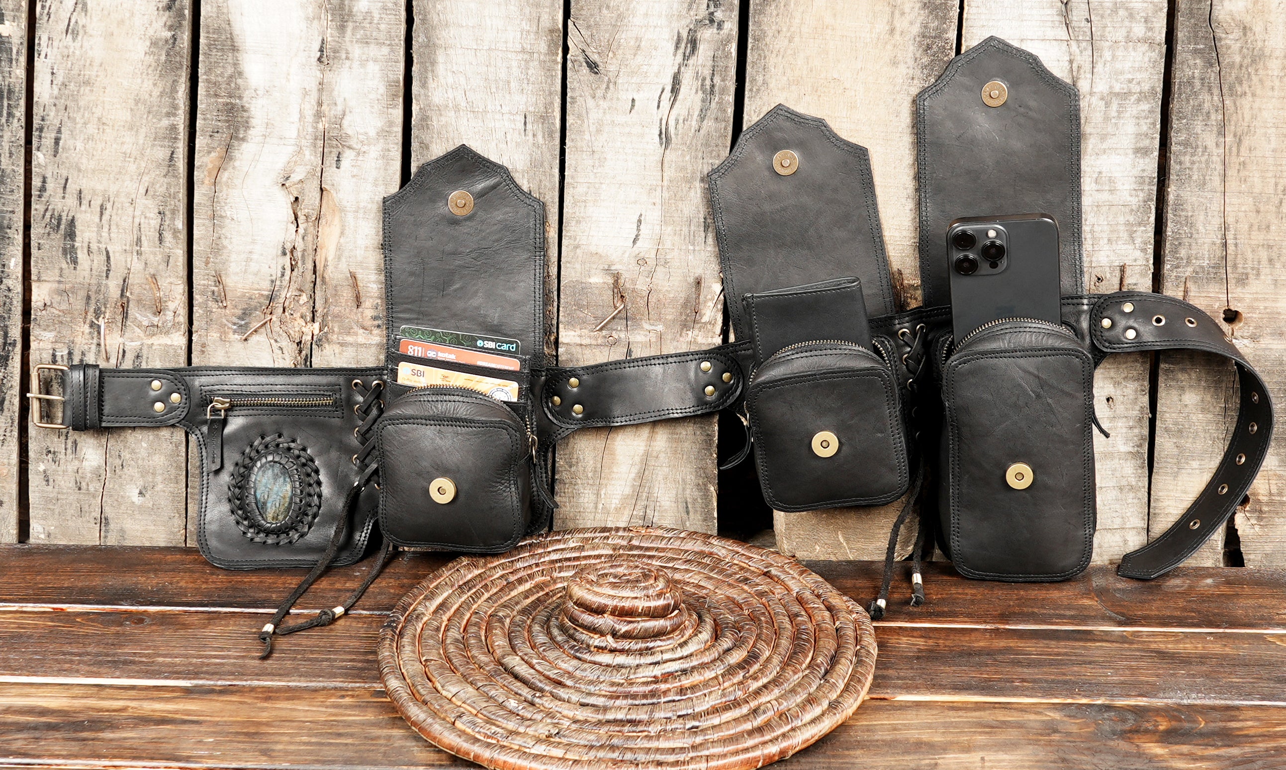 Handmade Leather Utility Belt Bag, Multi Pocket Waist Pack for Travel and Festivals