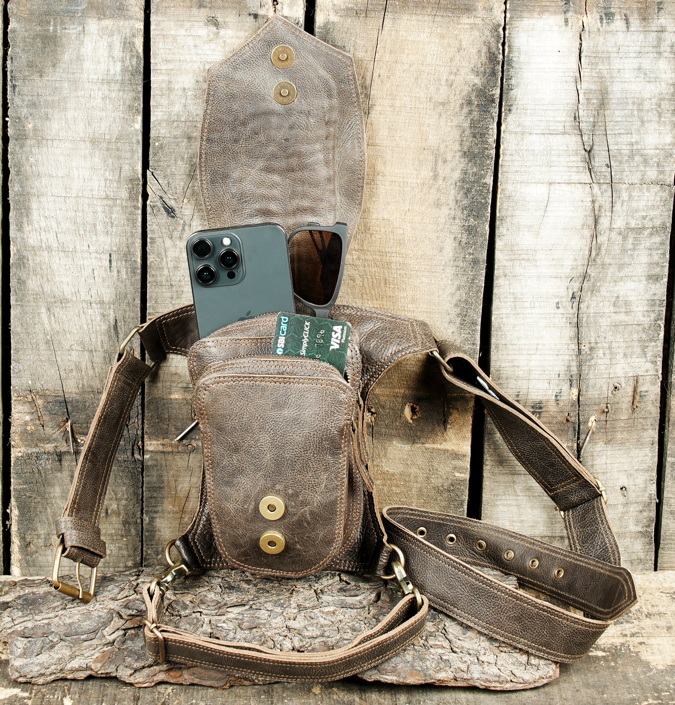 Artisan leather waist thigh belt with metal studs