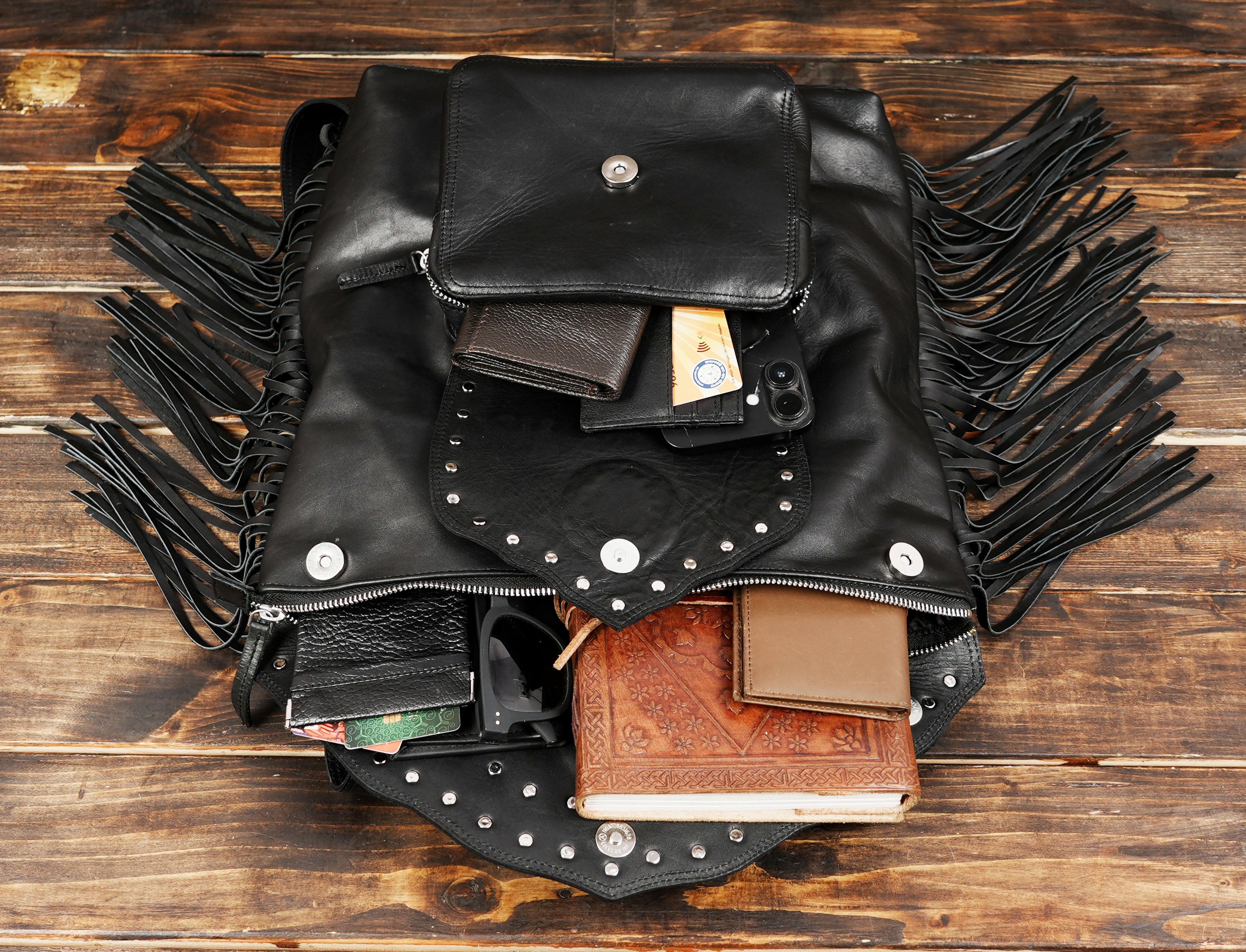 Boho leather bag, turquoise fringe purse, large size, crossbody bag