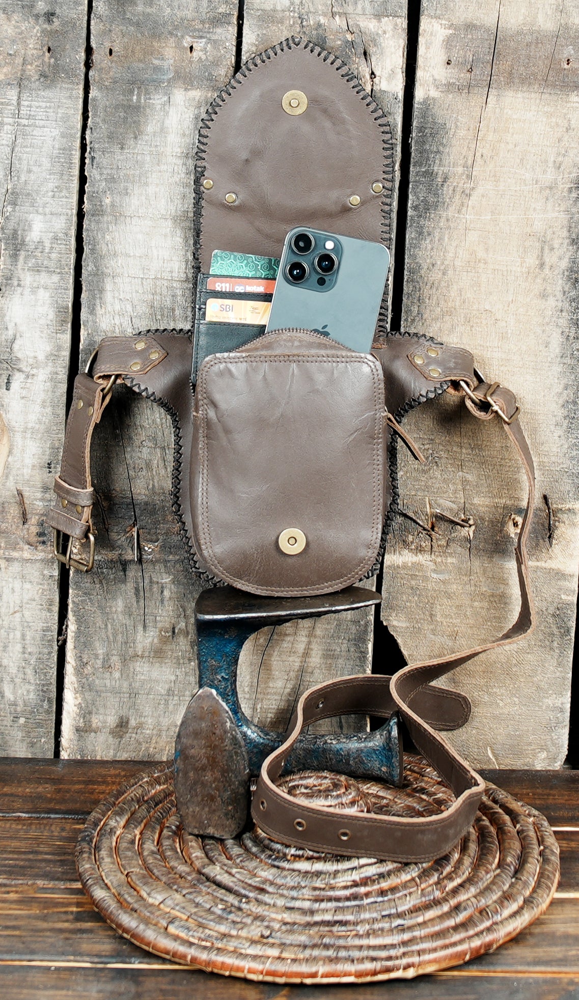 Leather utility waist belt with gemstone and brass hardware