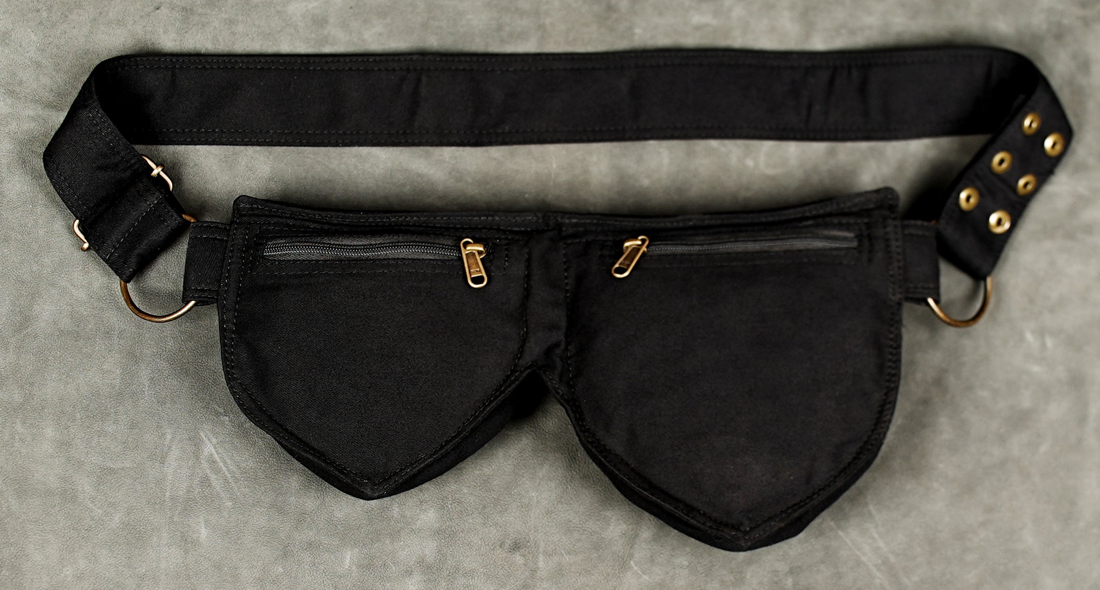 Medieval fantasy style black belt pouch with brass studs and zipper