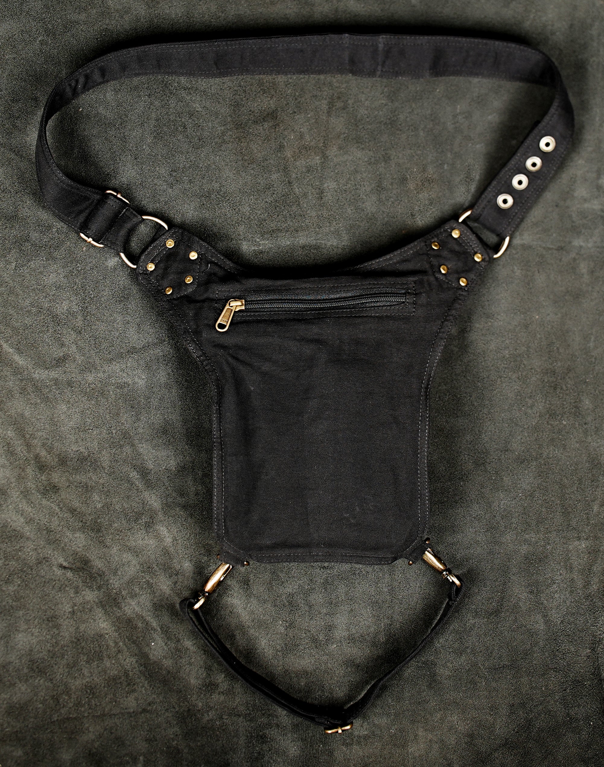 Black cotton hip holster with leg strap, swivel clips and adjustable buckle