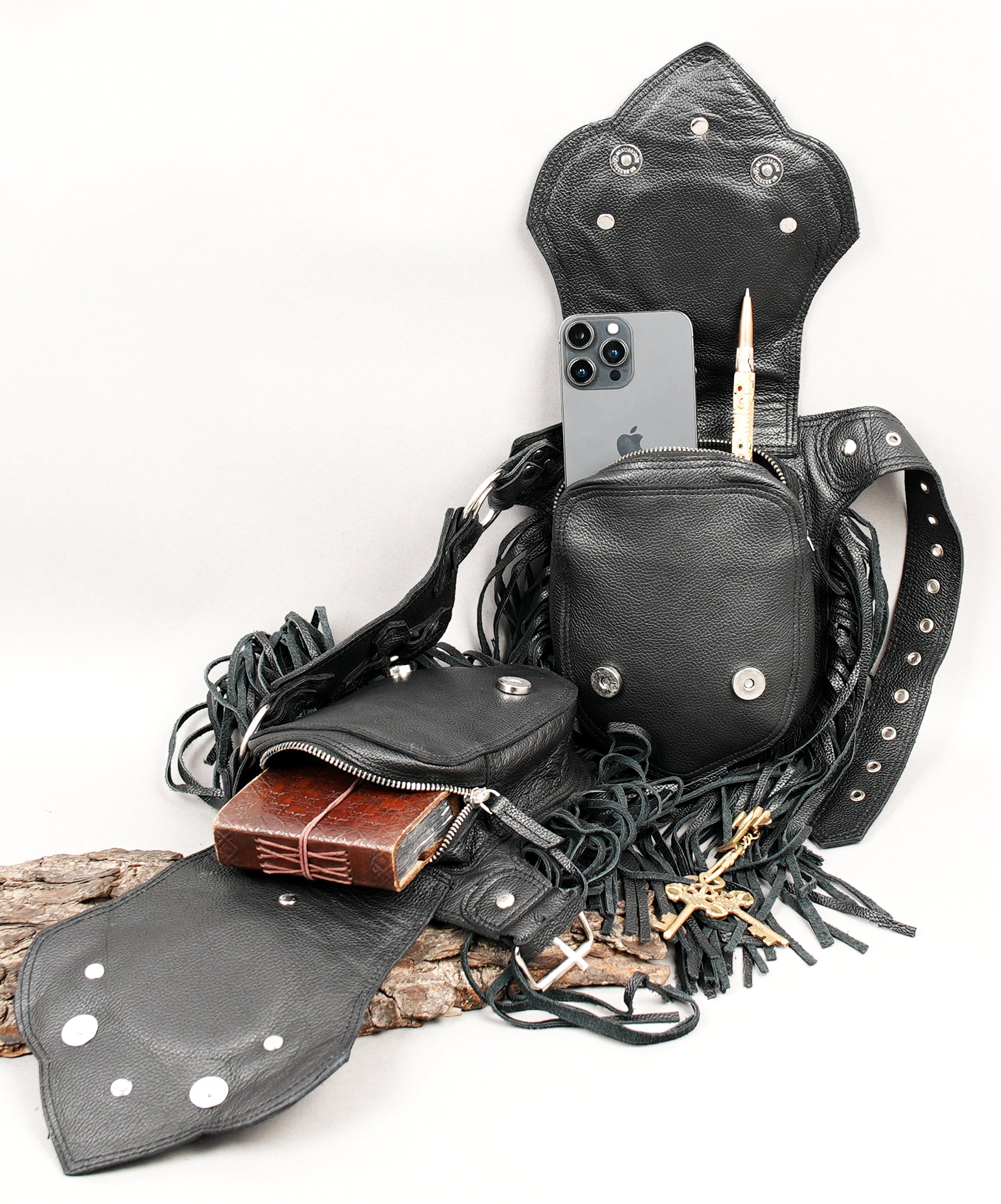 Leather festival waist belt with dual storage pouches