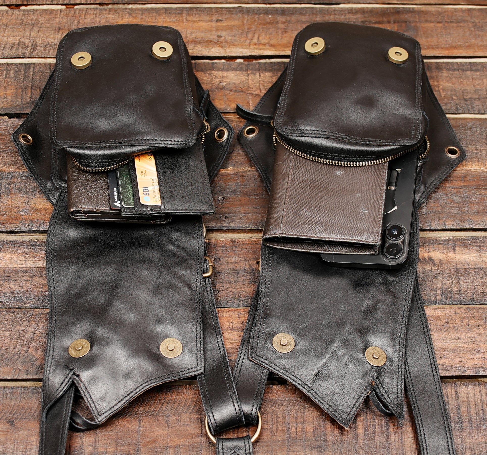 Crafted from premium black and brown leather, the holster is detailed with stitching, rivets, and rustic accents,