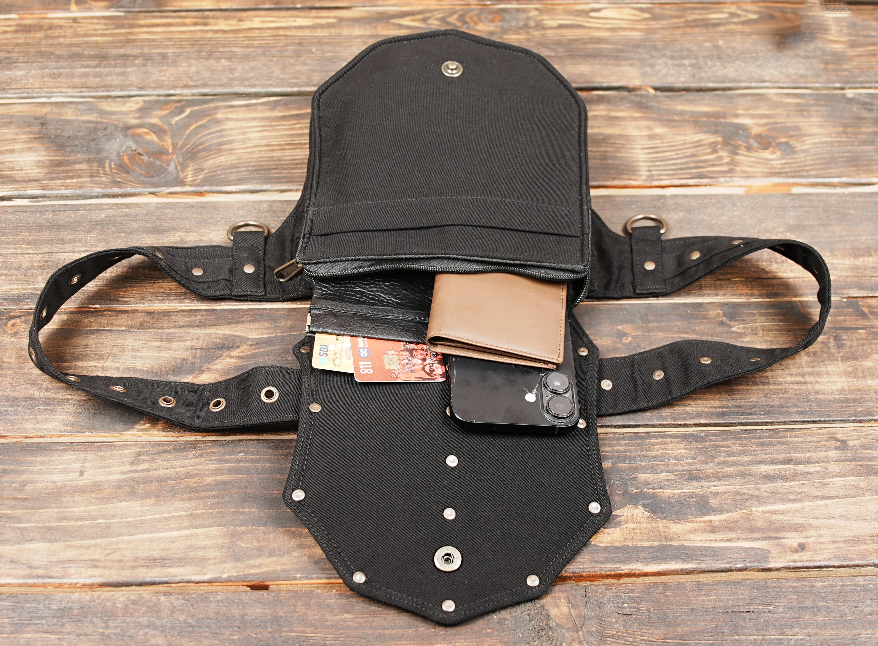 Festival waist pack in black canvas with rivet studs
