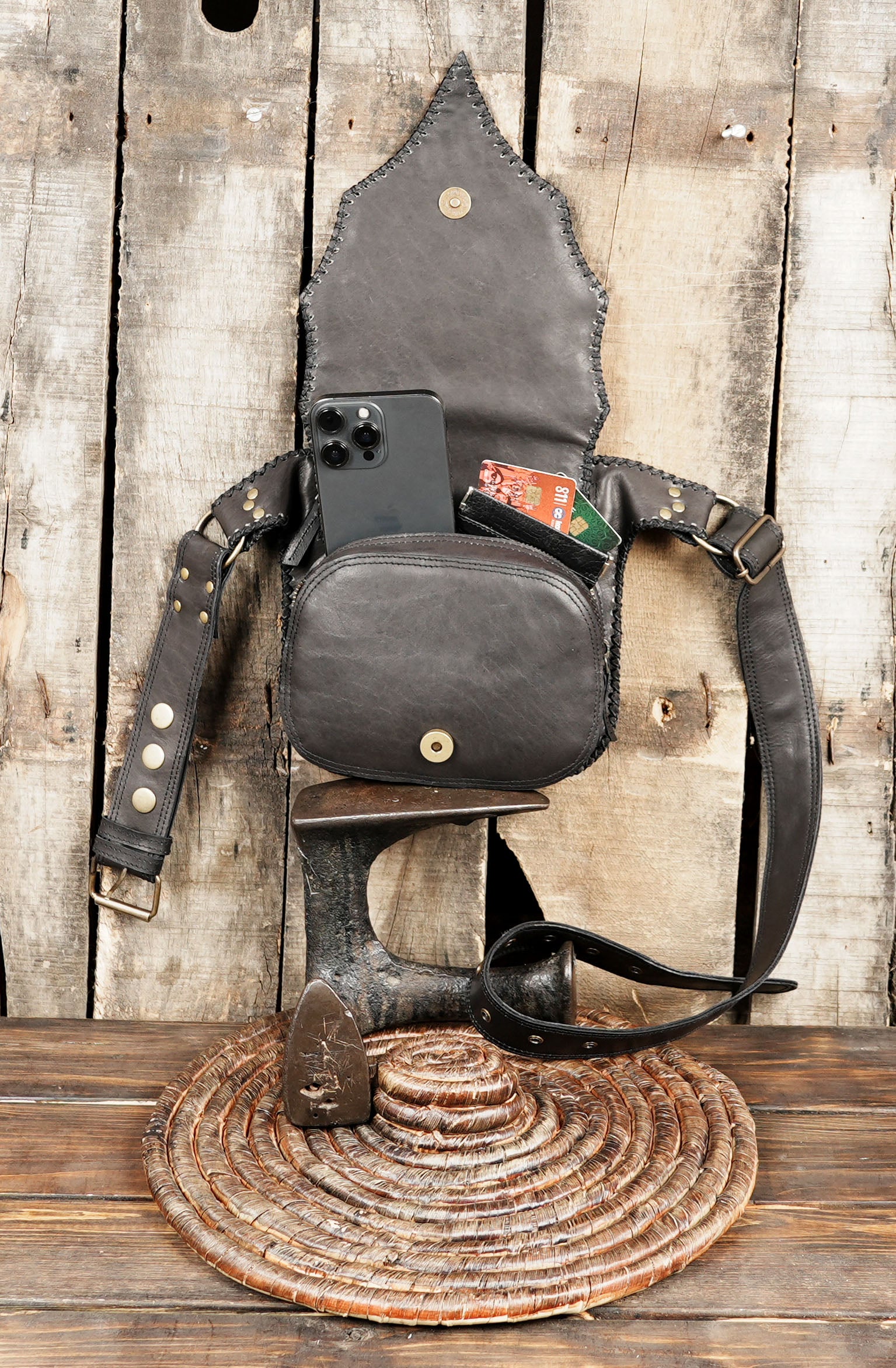 Genuine leather hip bag with brass hardware and gemstone