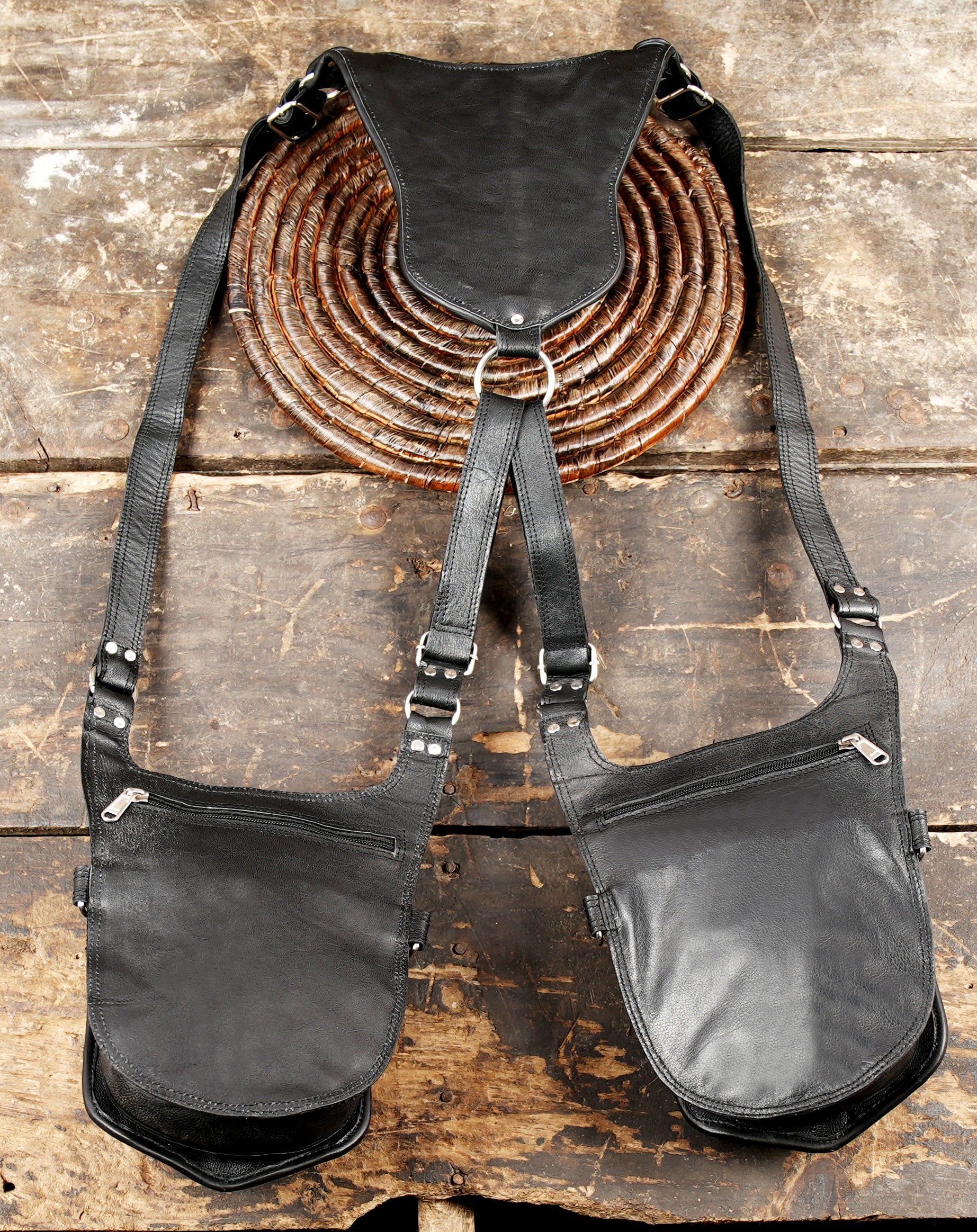 Unisex Leather Holster Shoulder Bag – Genuine Leather Festival Harness Bag, Burning Man Utility Belt Bag, Unique Gemstone with back side