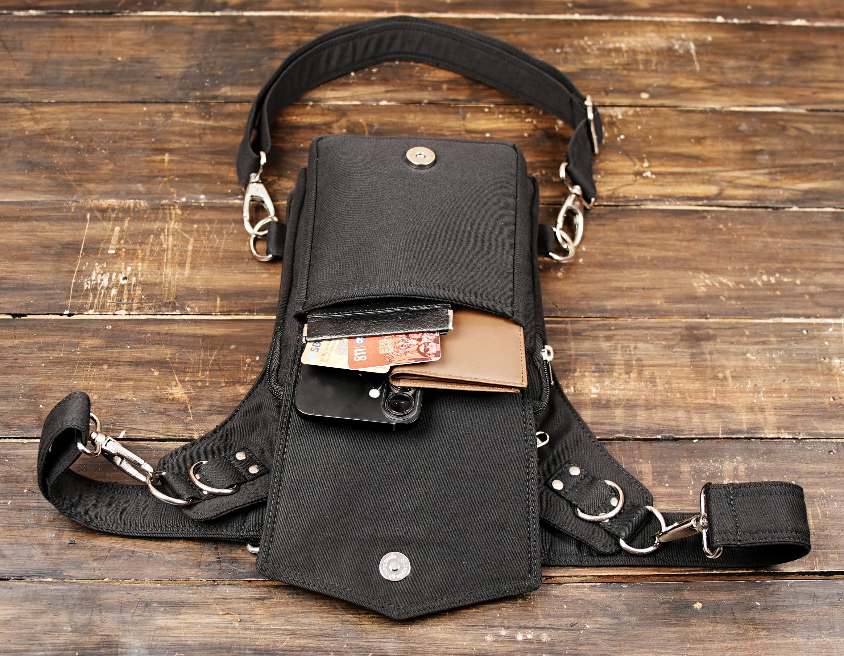 Cotton waist pack with leg support strap and multiple zipper pockets
