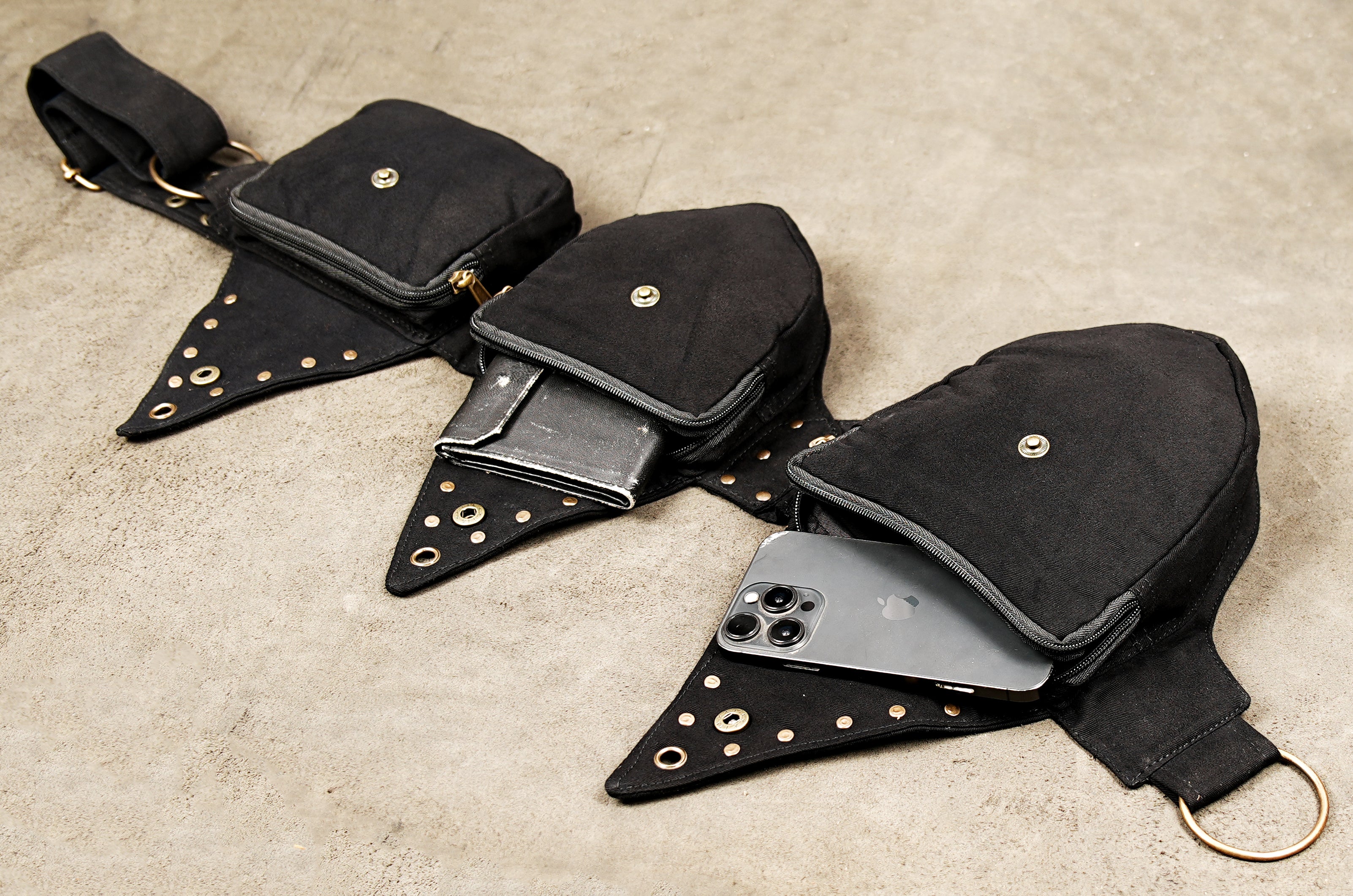 Tribal-inspired cotton utility waist belt with compartments