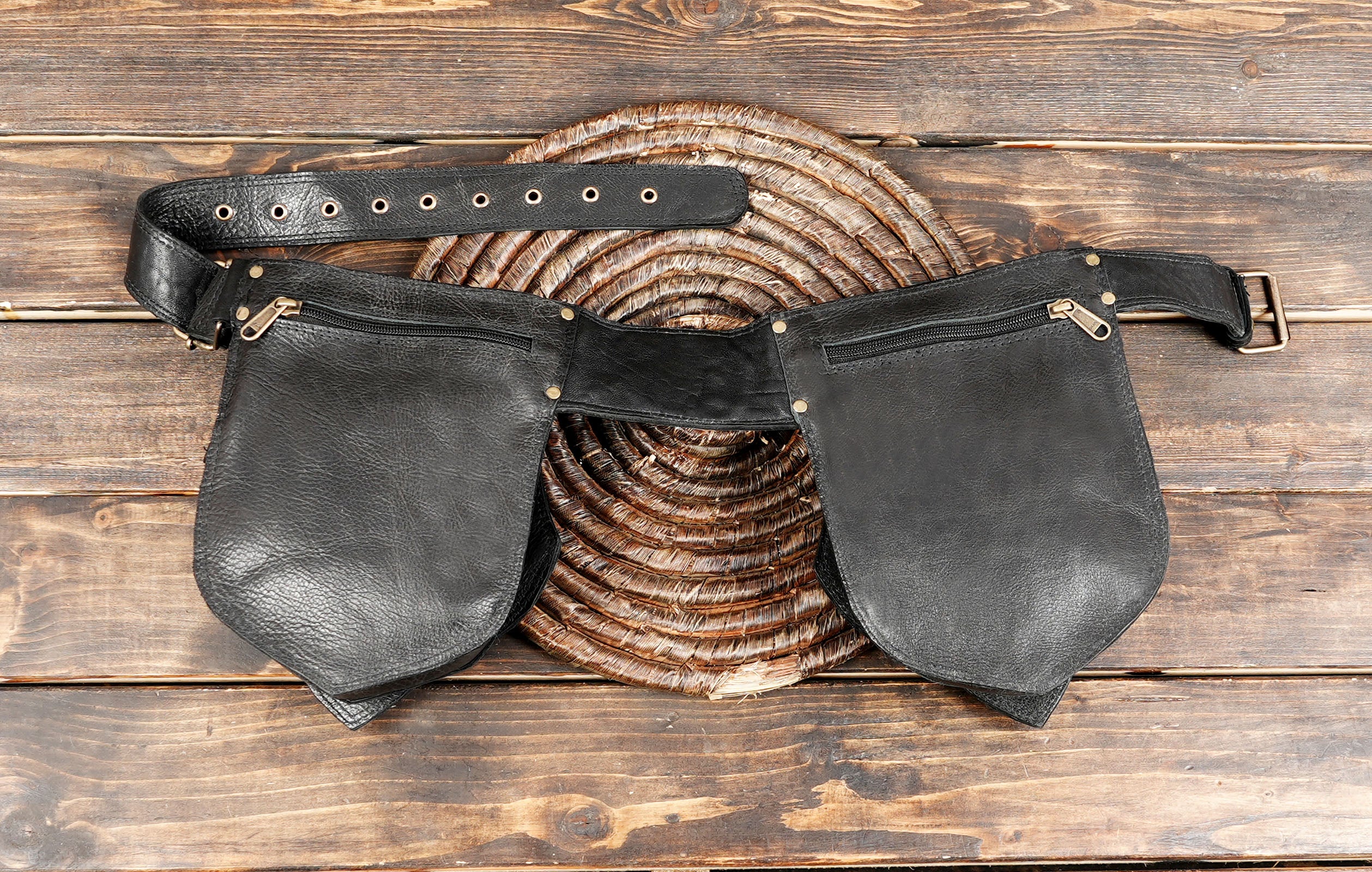Handmade Black Tribal Leather Waist Belt with labradorite gemstone – Gothic Boho Hip Bag with Stone Accents  (LT-AB-WB-6080)