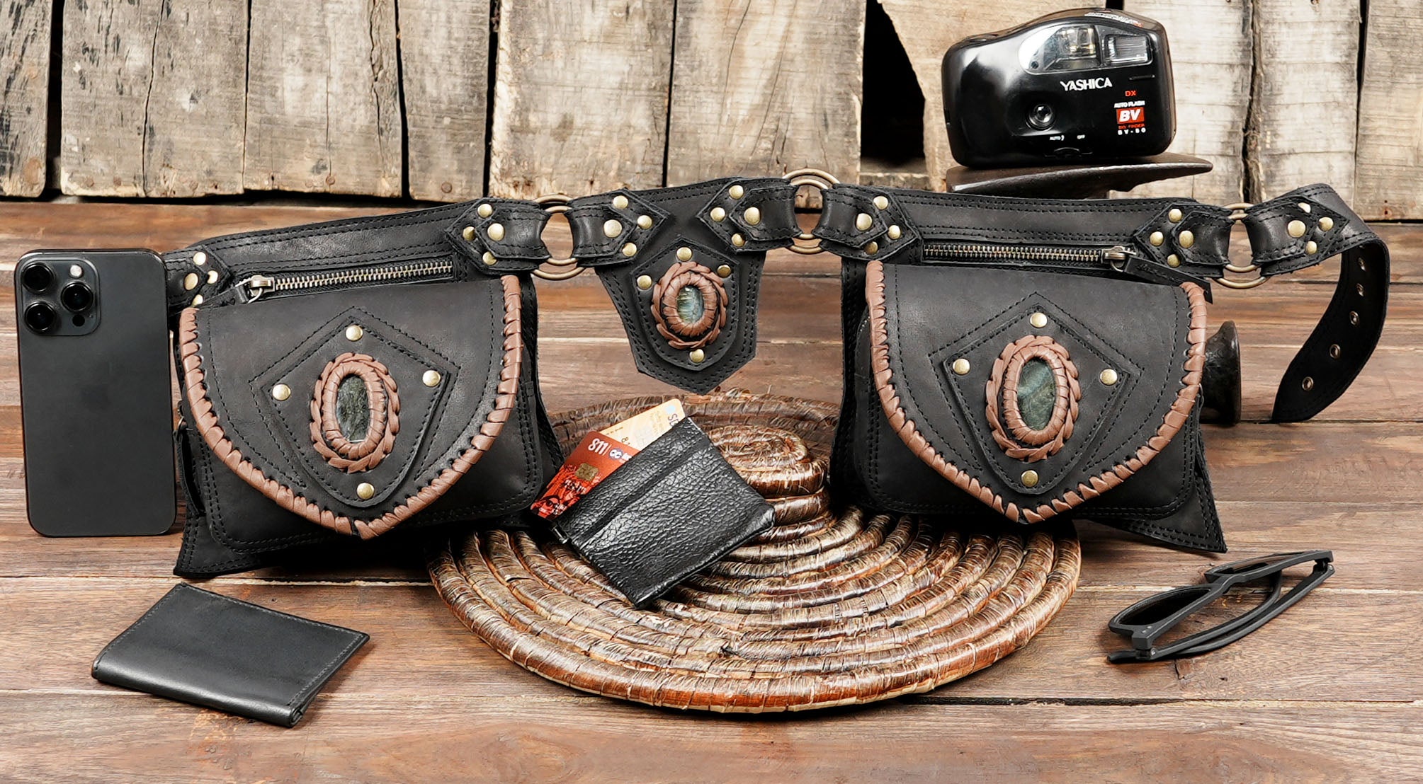 Genuine Leather Waist Belt with Gemstone Accents and Triple Pouches || Boho Steampunk Leather Utility Belt with Oval Stone Details (LT-AB-WB-6083)