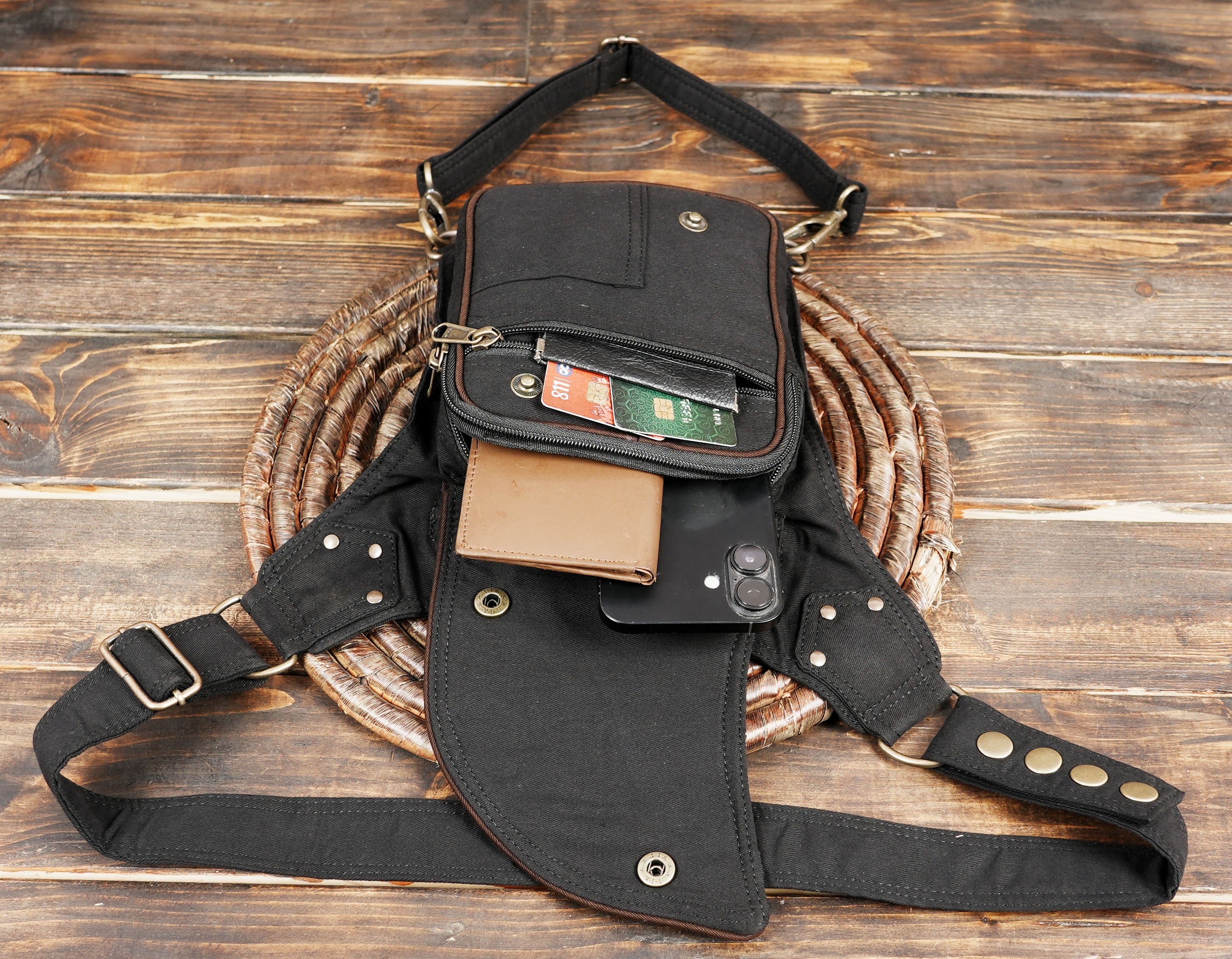 Motorcycle drop leg side pouch made from breathable handmade cotton fabric.