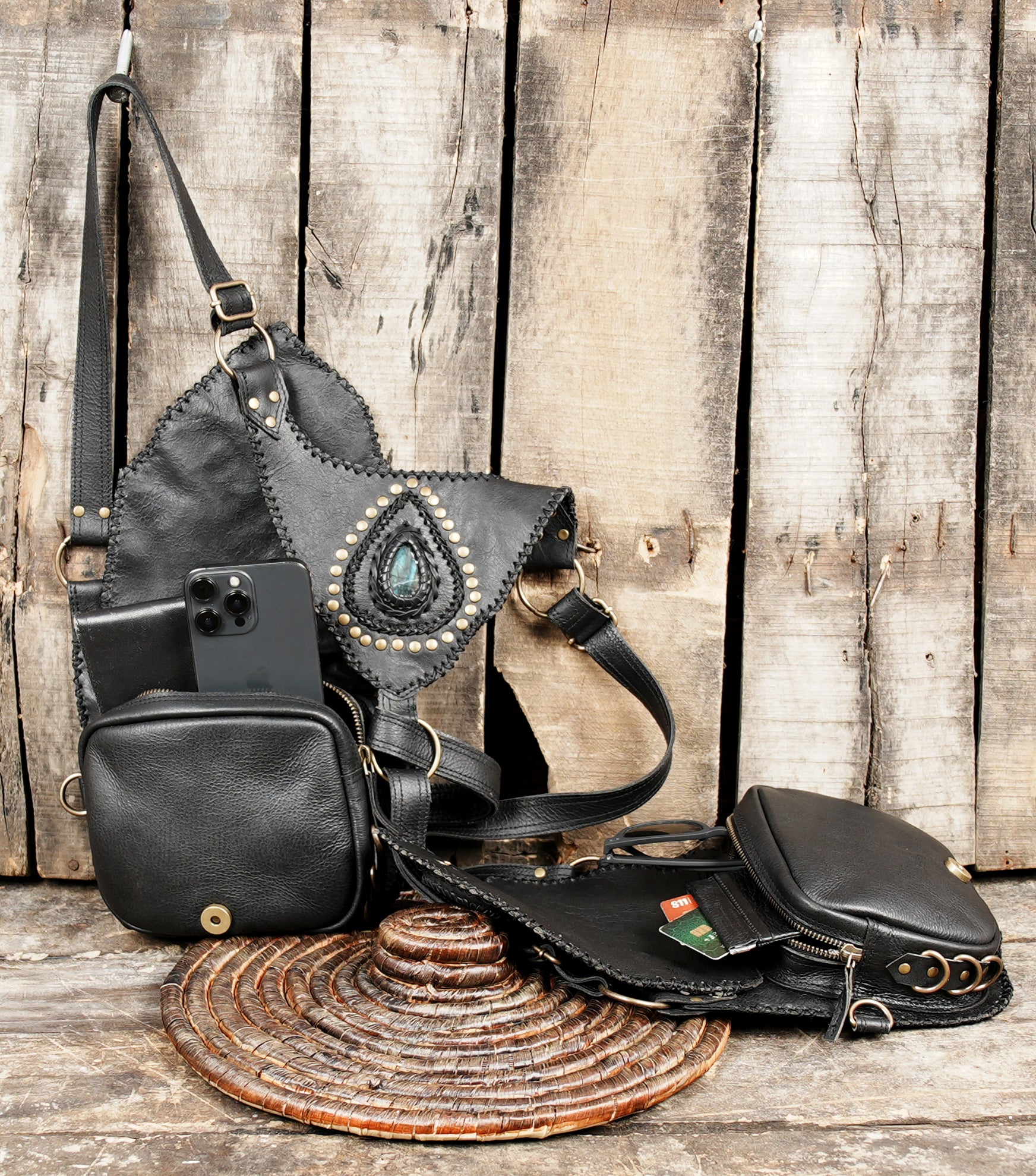 Steampunk inspired leather holster with dual storage pouches