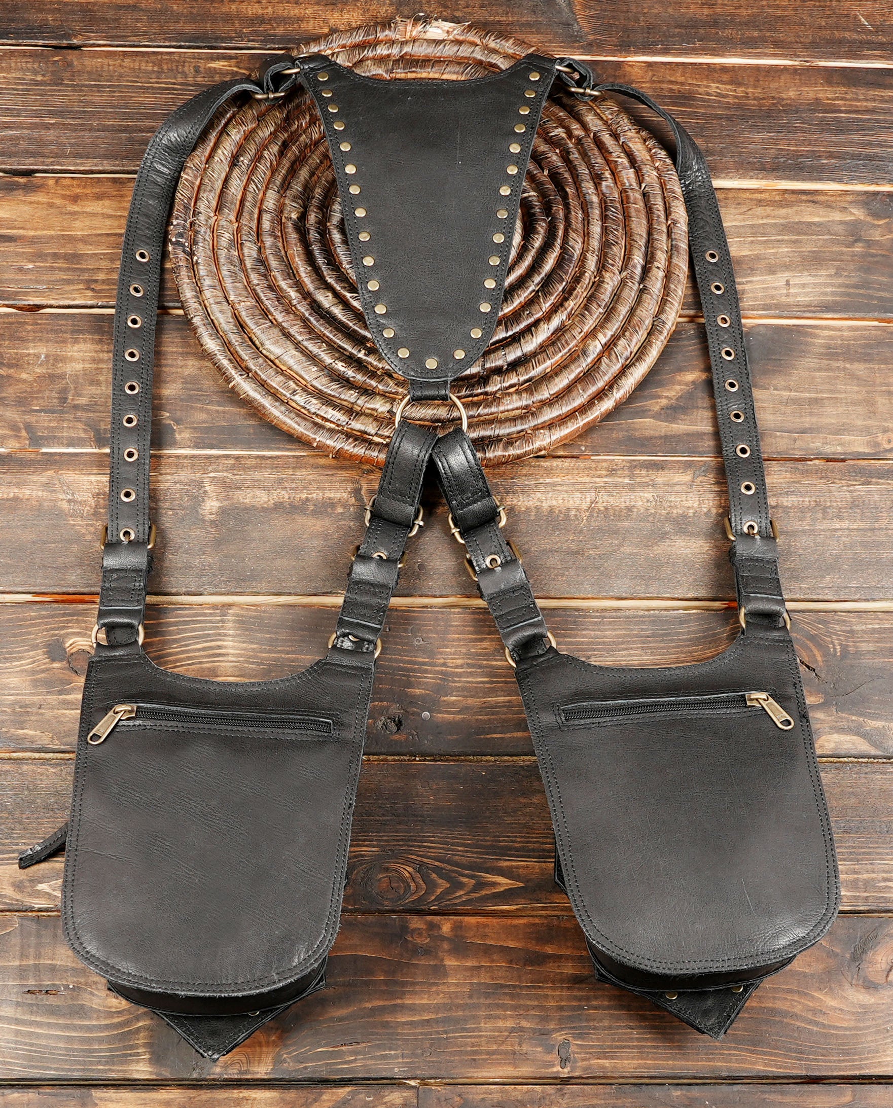 Western festival leather utility bag with gemstone centerpiece