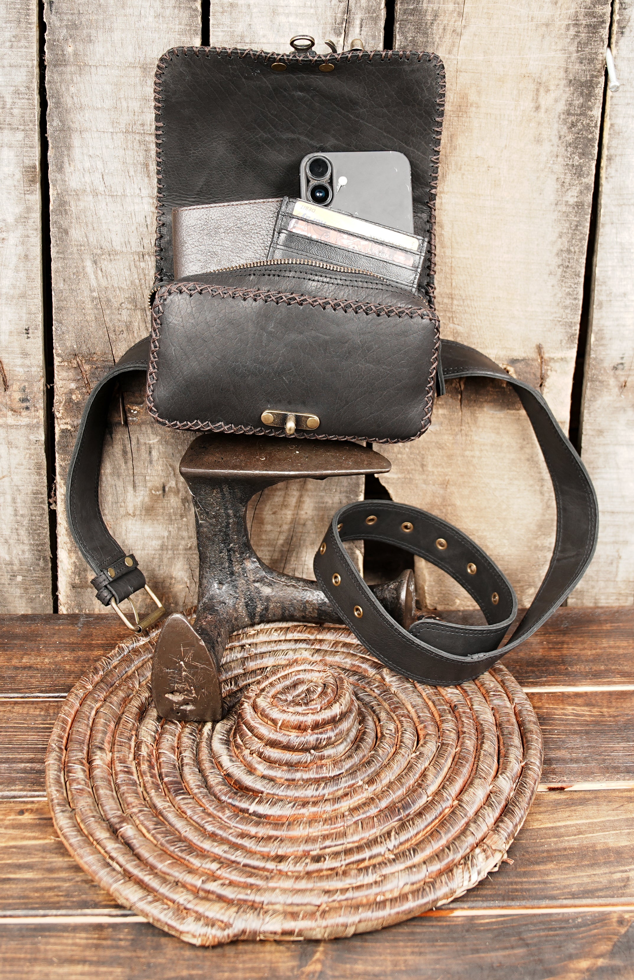 Handmade Leather Gemstone Belt Bag: Festival Hip Pack AND METAL LOCK 