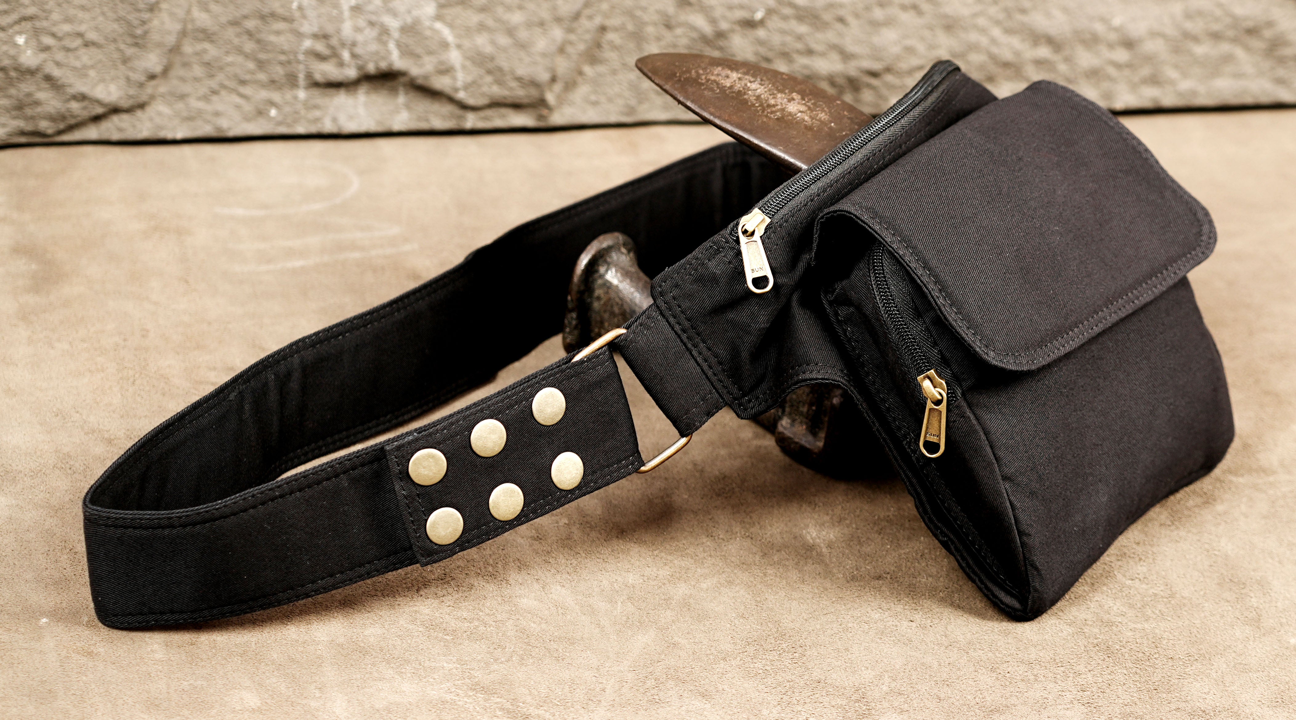 Steampunk style black canvas utility belt with studded detail