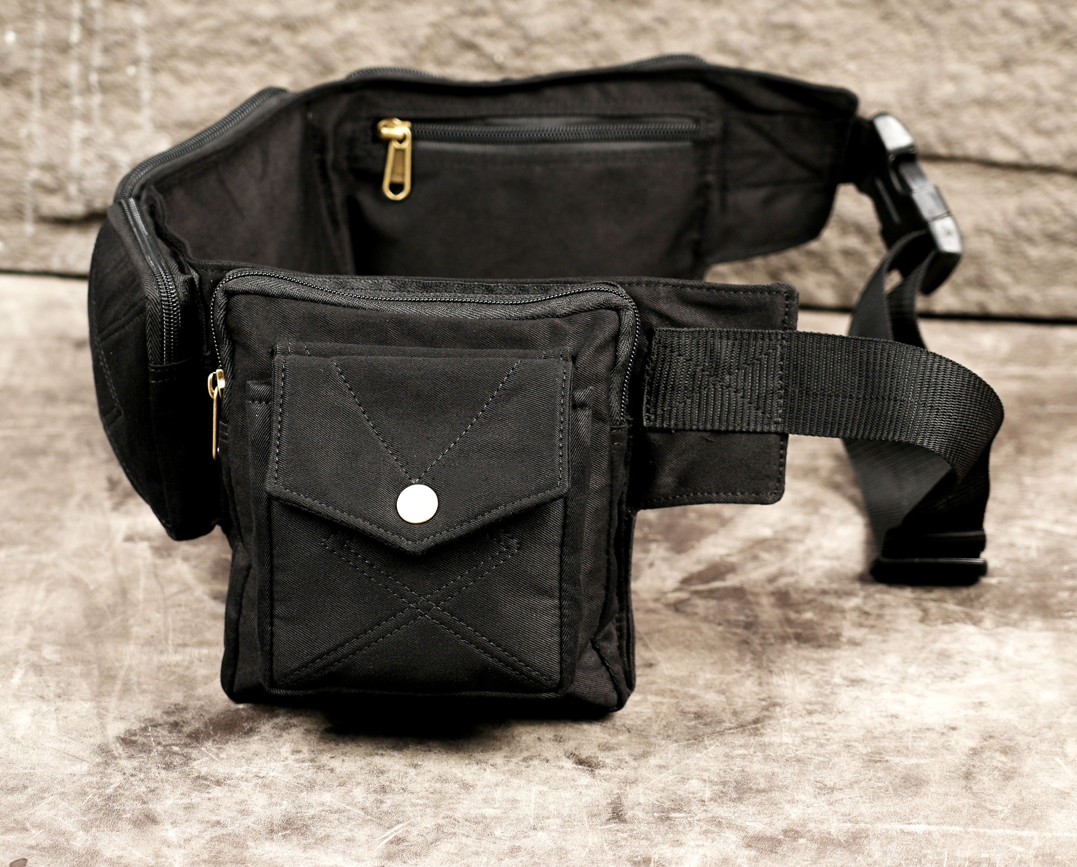 Boho black cotton belt bag with multiple compartments