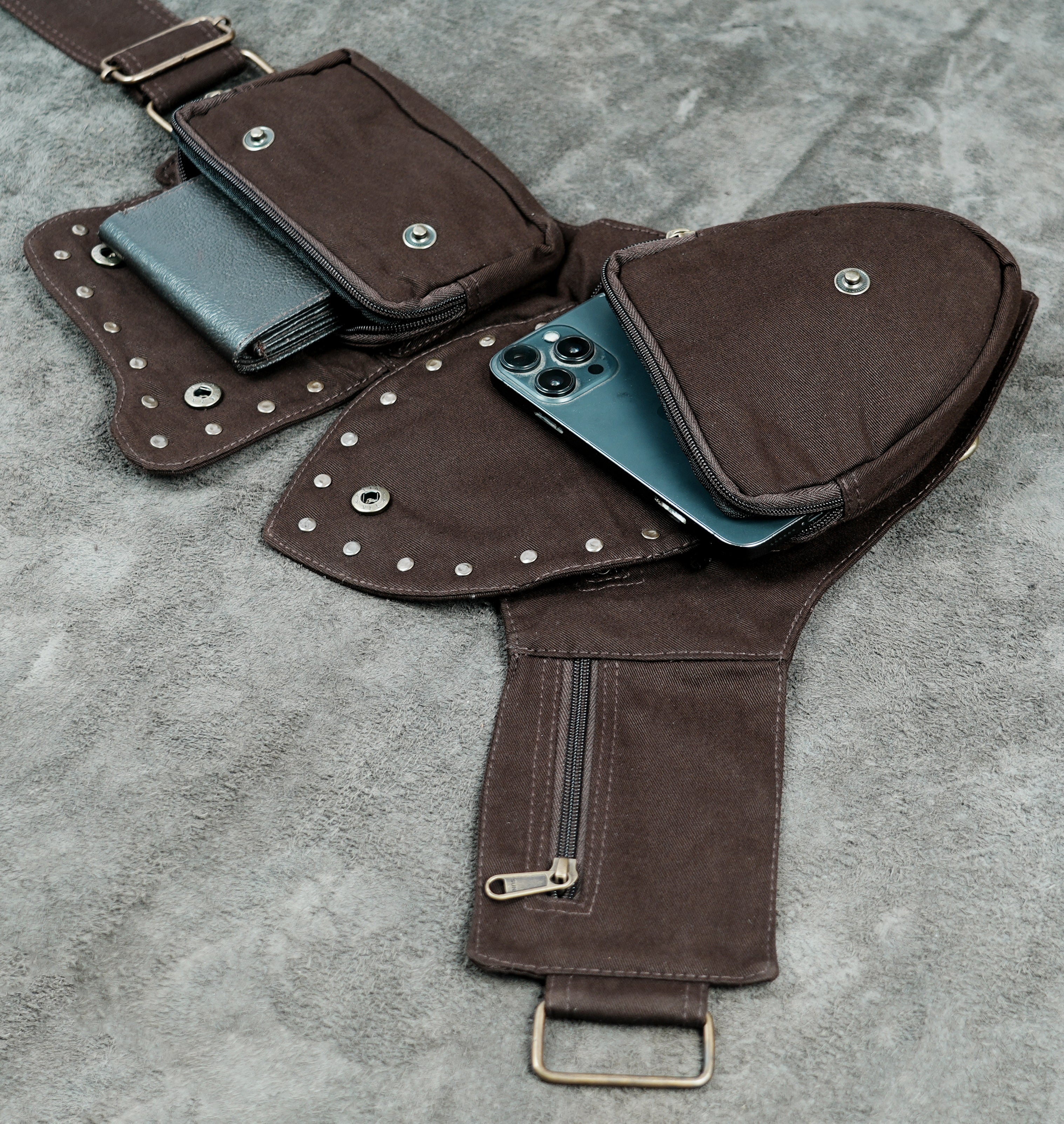 Hippie cotton belt bag with multiple pockets in earthy brown