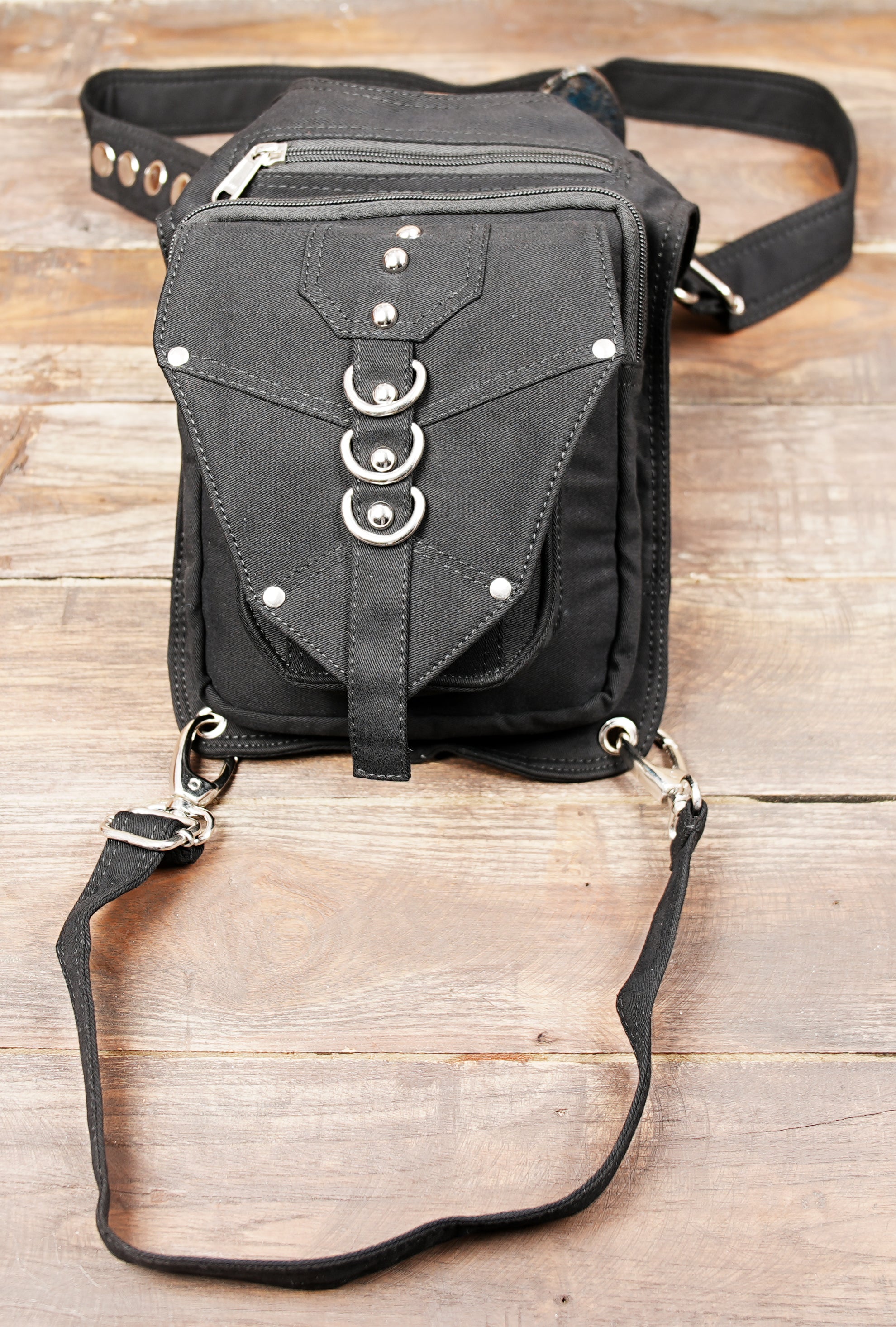 Rugged Black Cotton Thigh Bag with D-Rings and Rivet Detailing