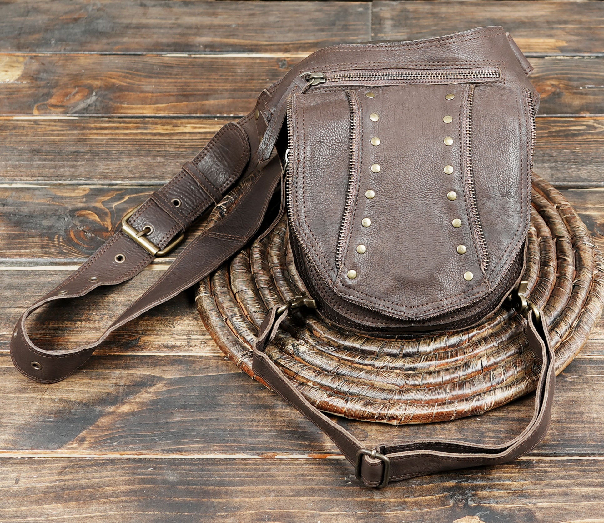 Boho rustic leather belt pouch for hiking and biking