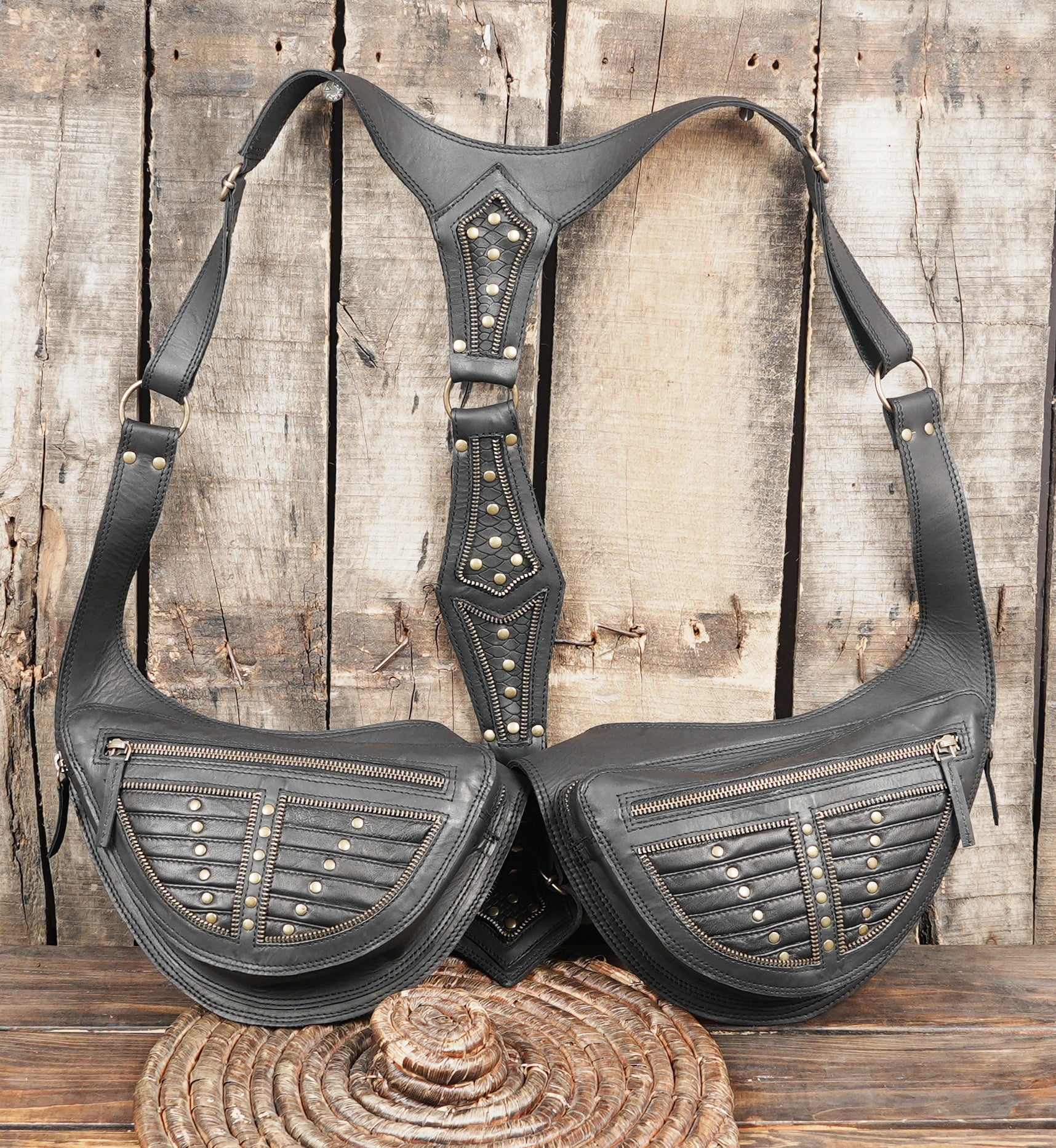 Cosplay leather holster harness with detailed stitching and studs