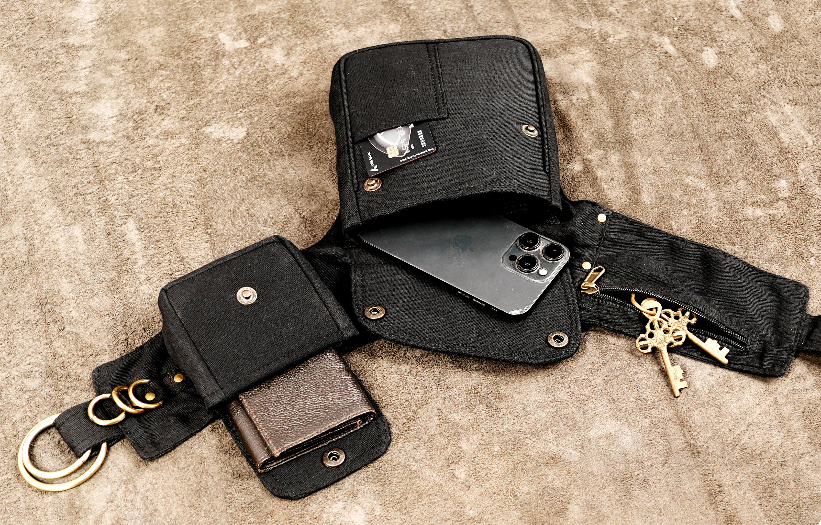 Edgy street style black cotton utility belt with metal hardware