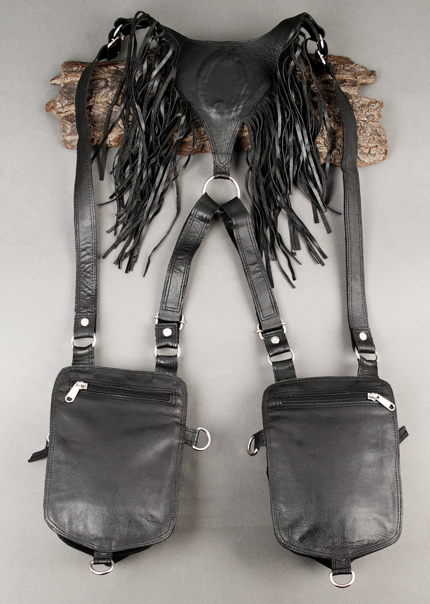 Black fringe leather holster for festivals, cosplay and travel