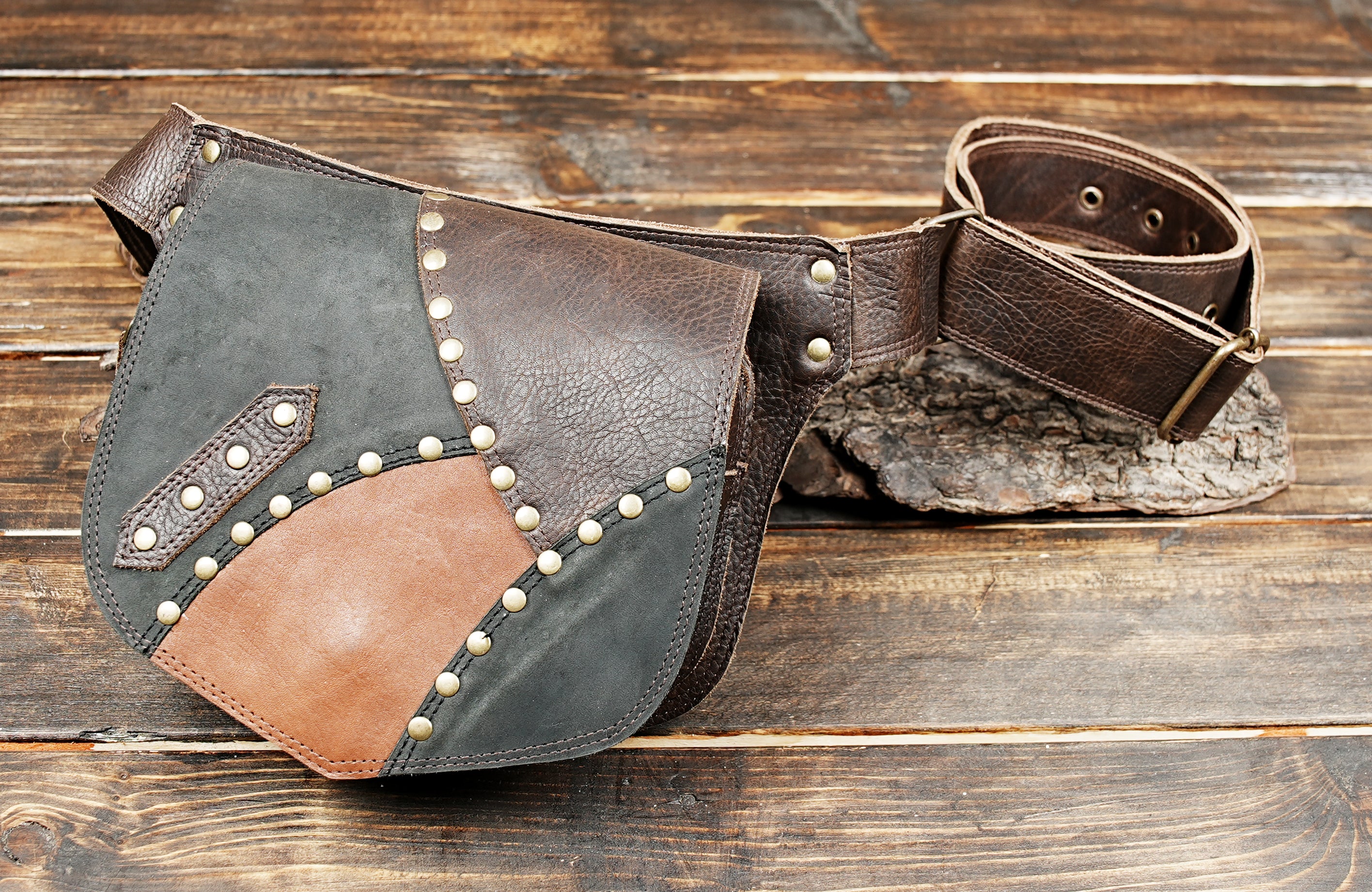 Adjustable leather belt bag styled for steampunk fashion