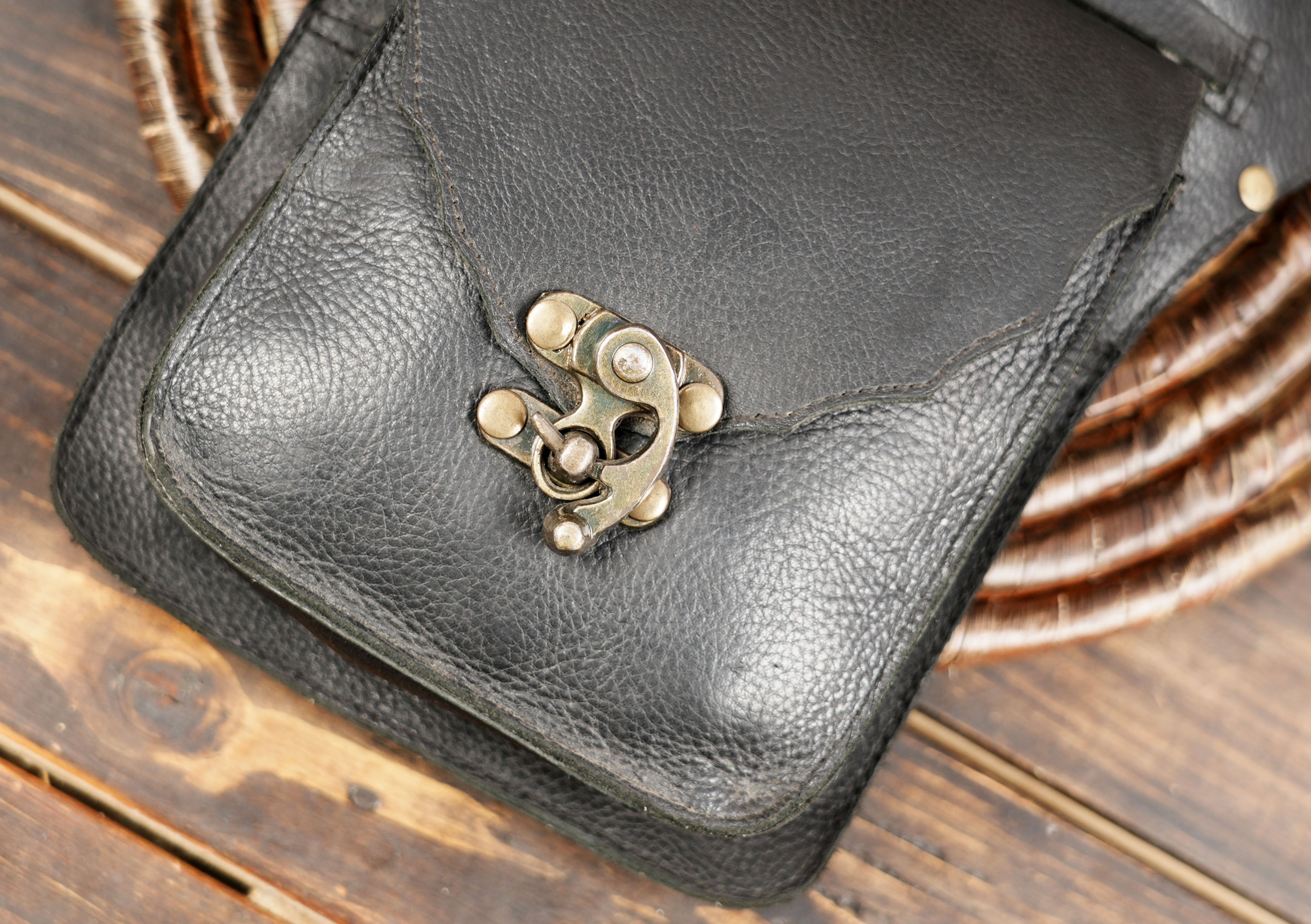 Leather Hip Bag Pouch Embossed and weathered in a vintage style, for faire, cosplay, fantasy or steampunk with metal lock and small lock 