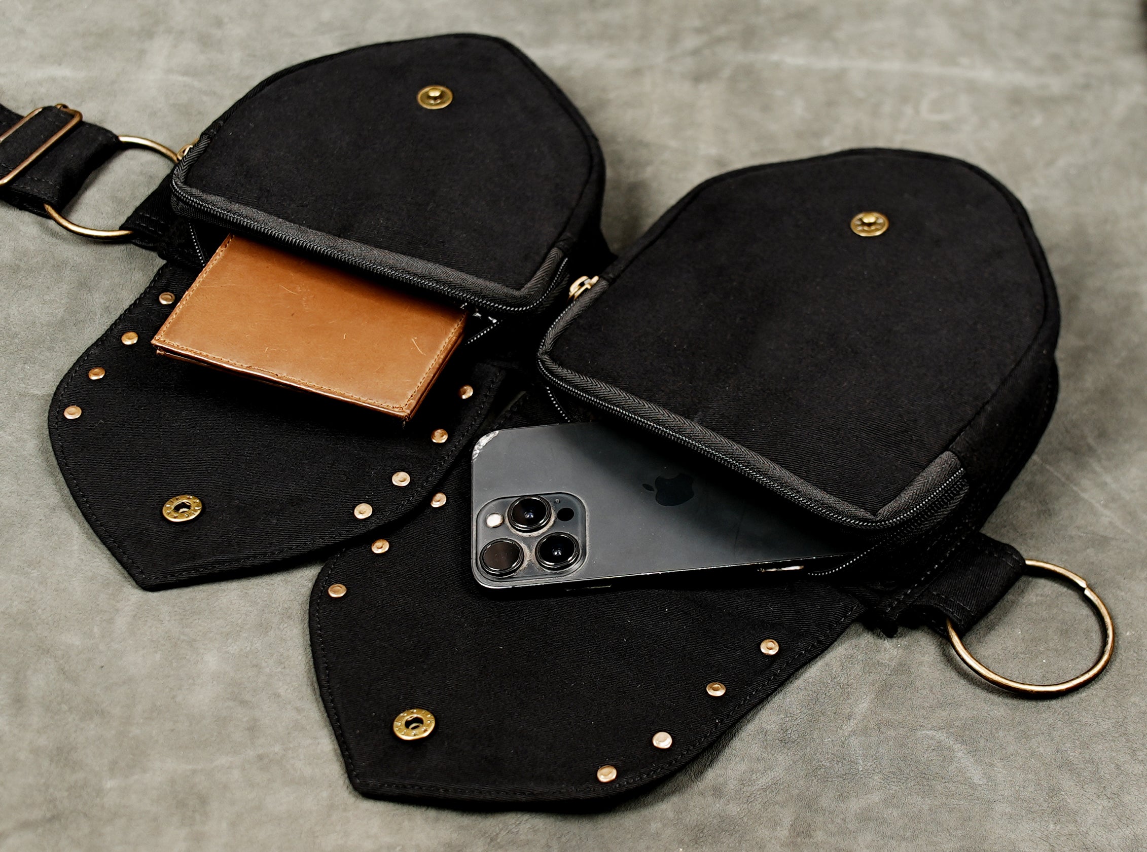 Travel money belt with two secure pockets in black cotton canvas