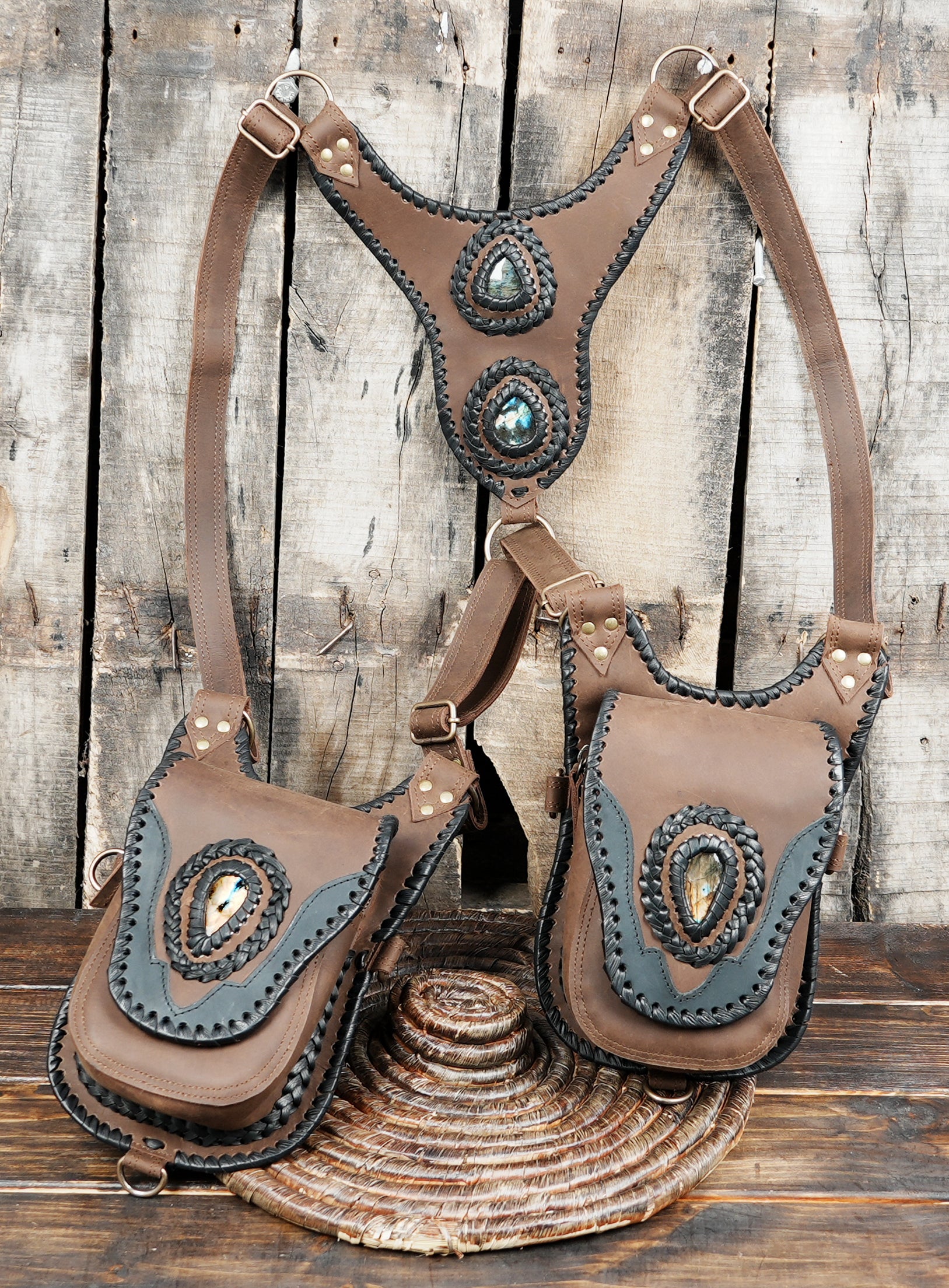 Designer leather dual pouch holster with stone centerpiece