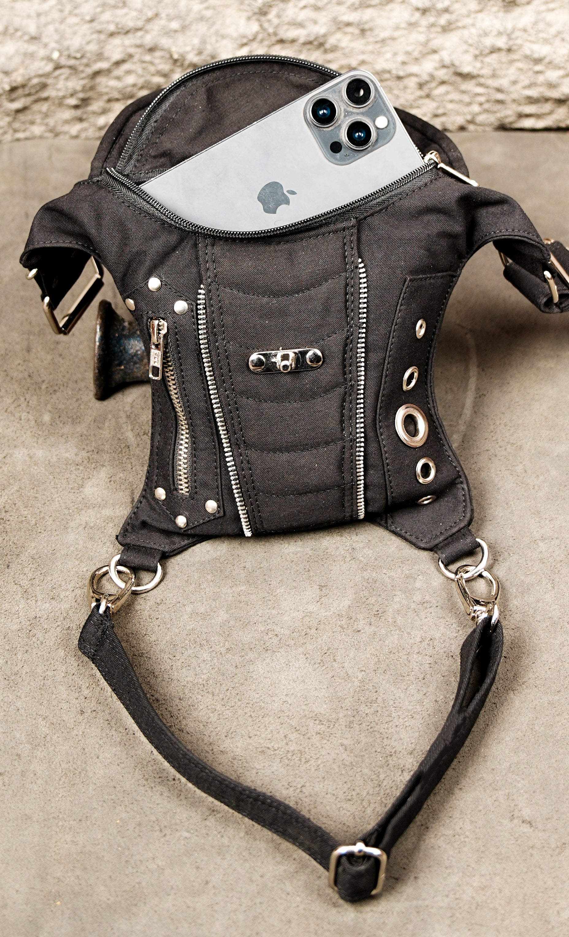 Unisex black canvas hip bag with secure leg harness strap