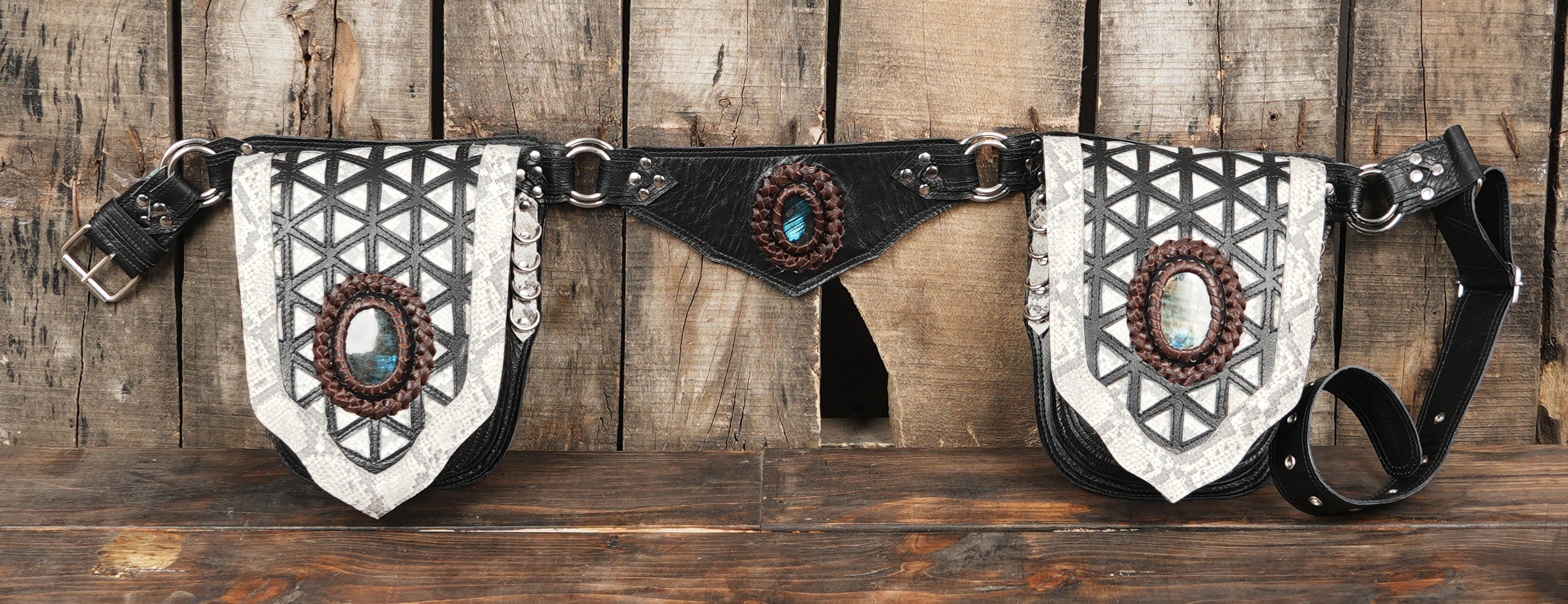 Handmade Tribal Leather Waist Belt with Stone Detail || Boho Style Leather Waist Belt with Decorative Pouches (LT/NS/WB/6049)