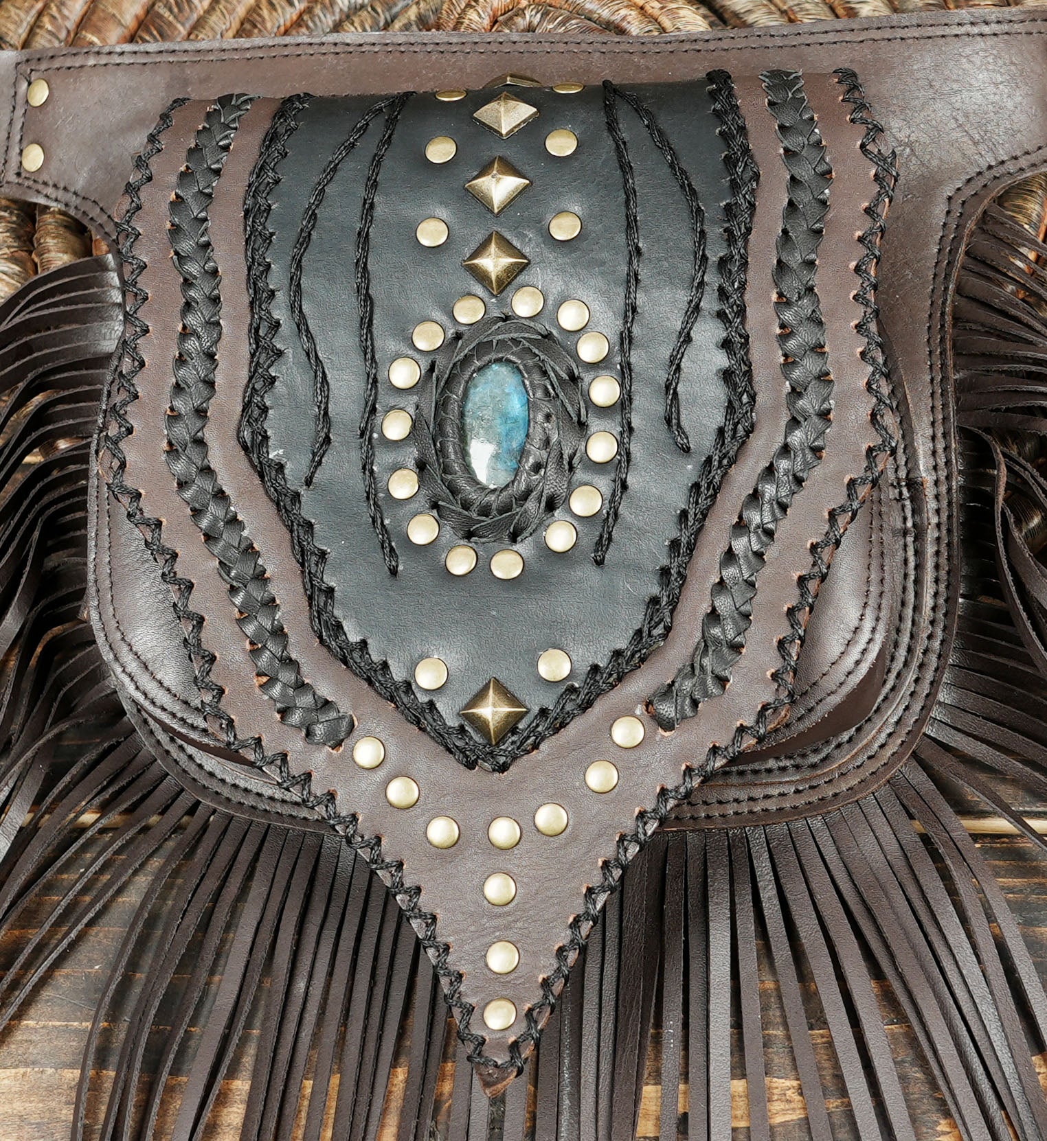 Brown leather utility belt with gemstone embellishment