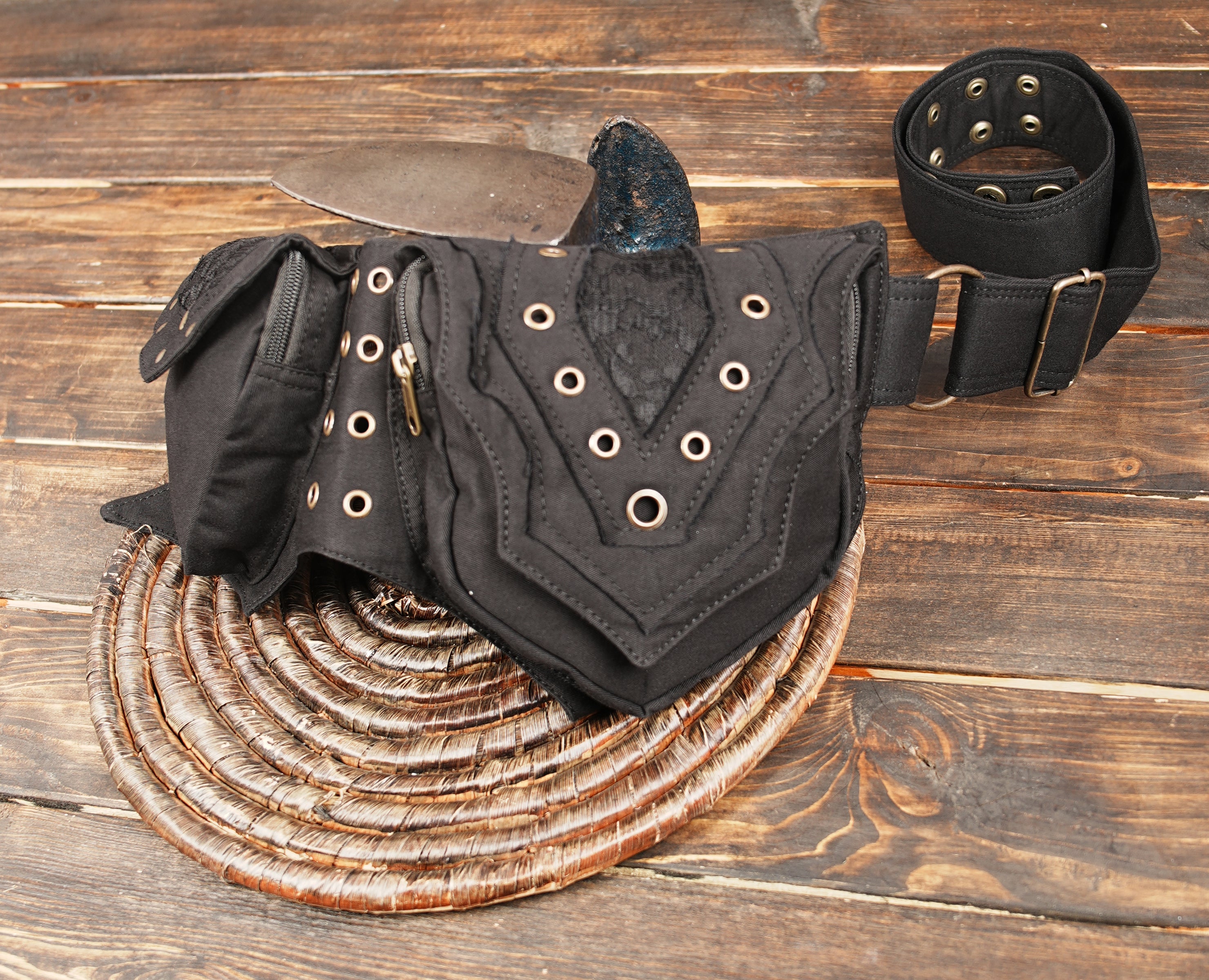 Unisex black cotton waist bag with double pouches and brass hardware