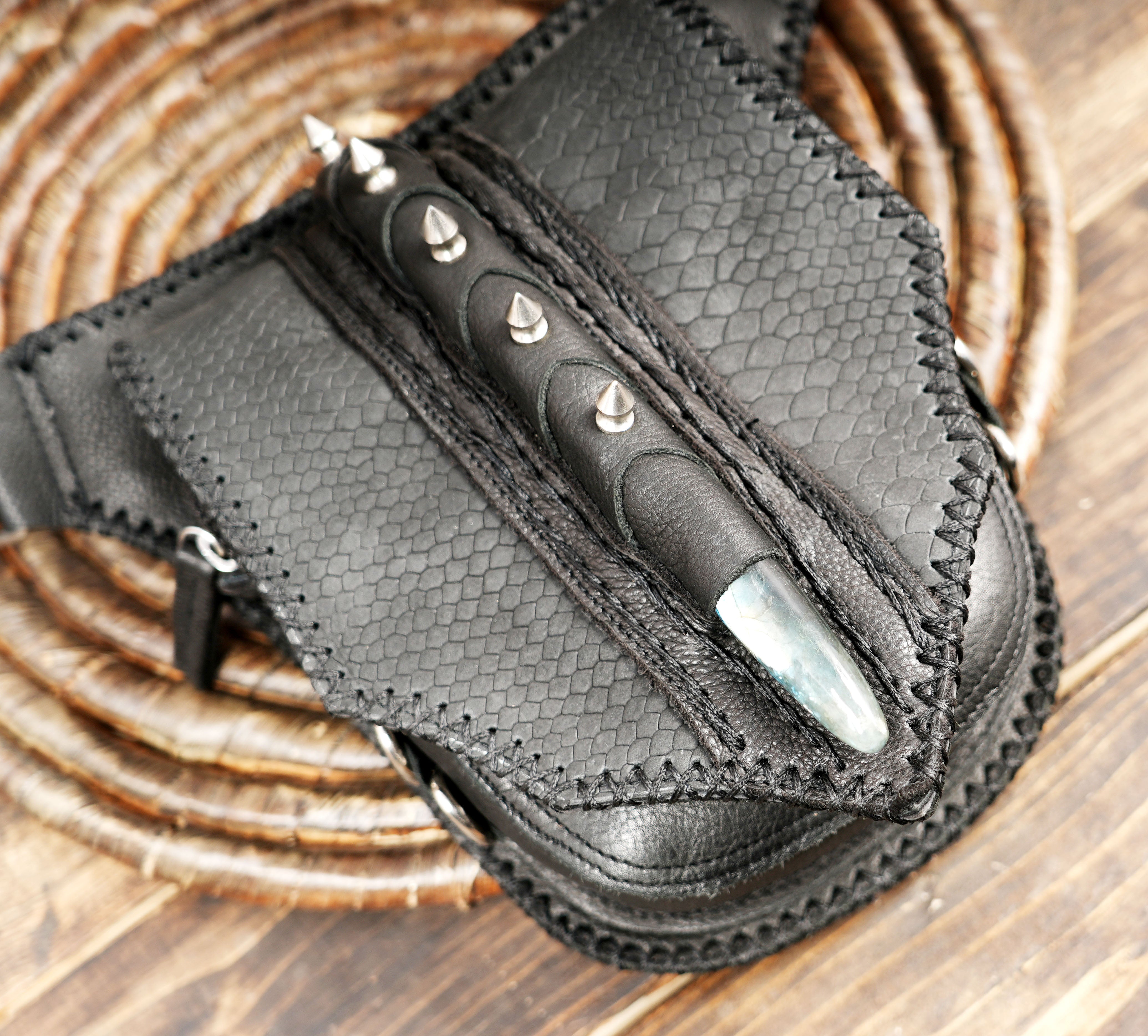 Handmade leather belt with studded vertical detail