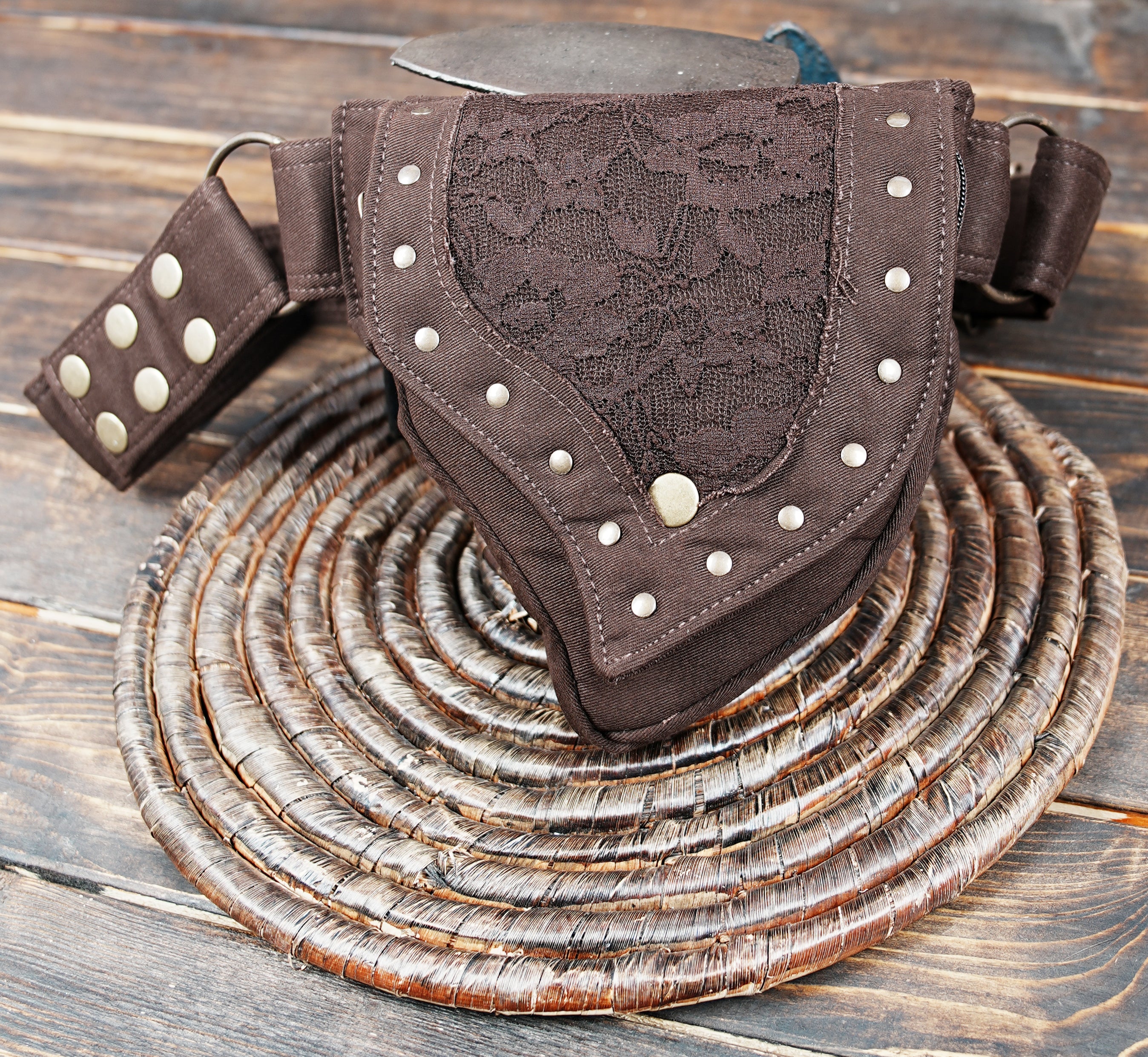 Brown lace belt bag with adjustable waist strap