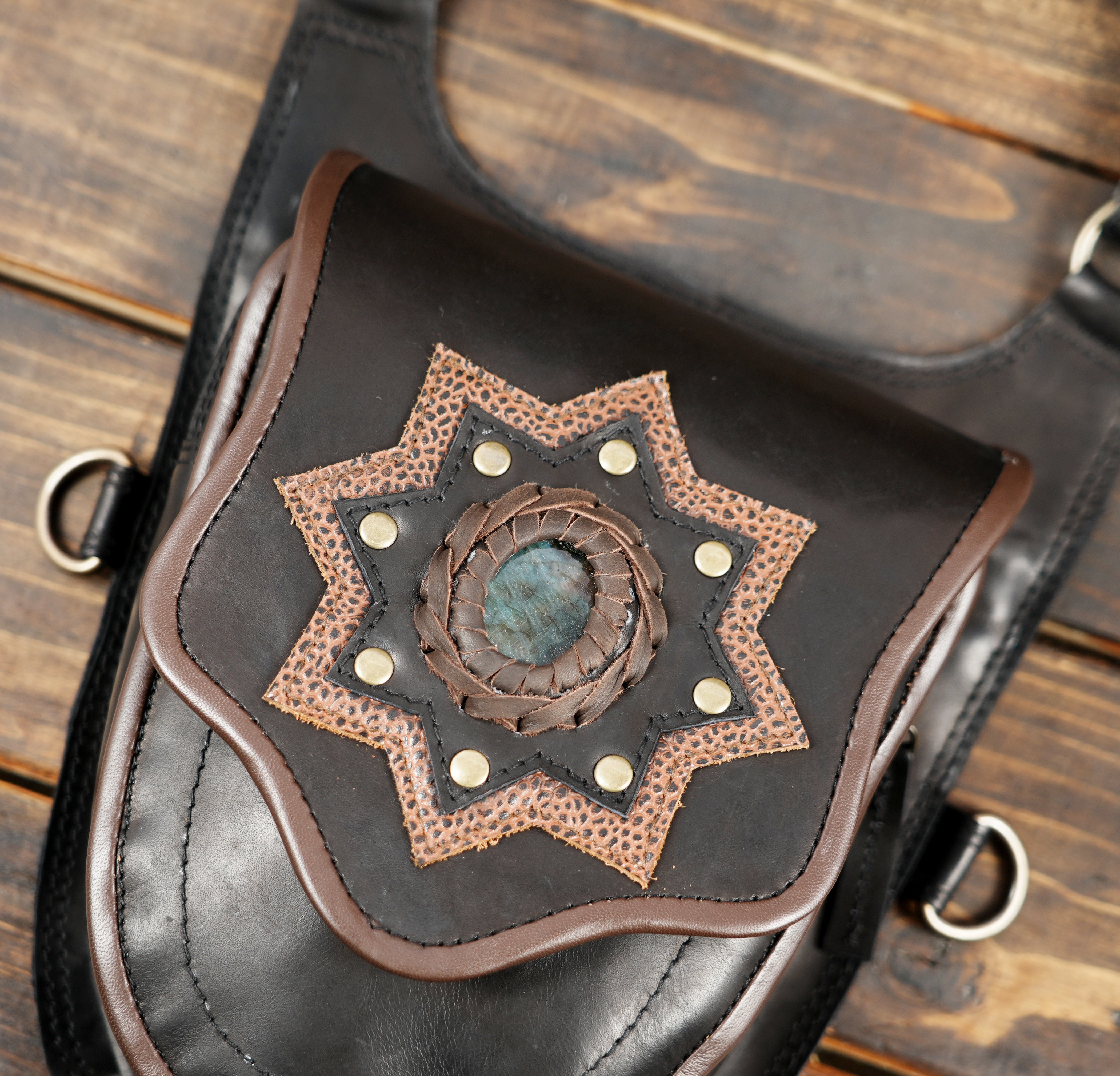 Bohemian leather holster bag with adjustable shoulder straps