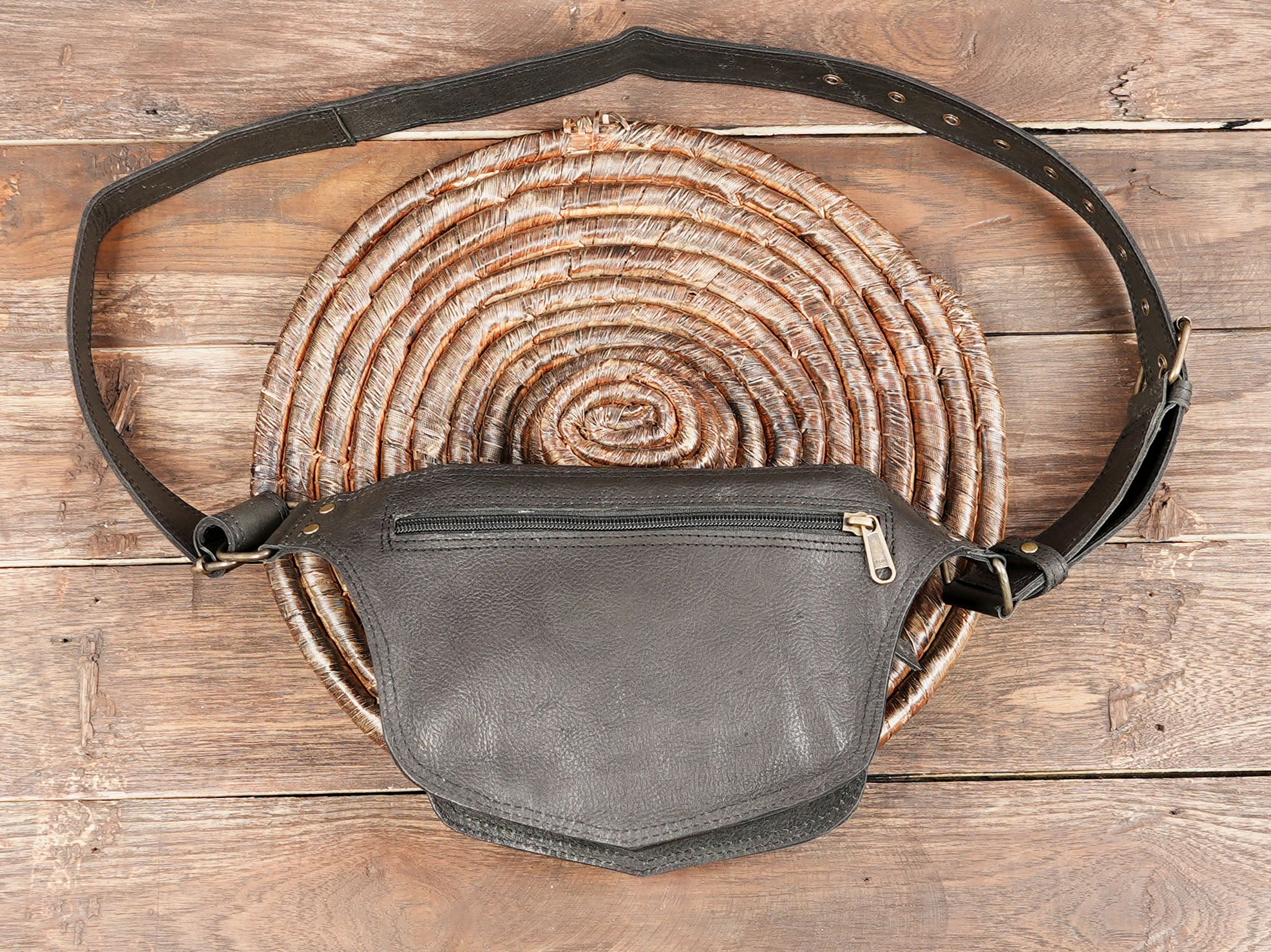 Modern gothic leather belt pouch with gemstone with back side zipper 