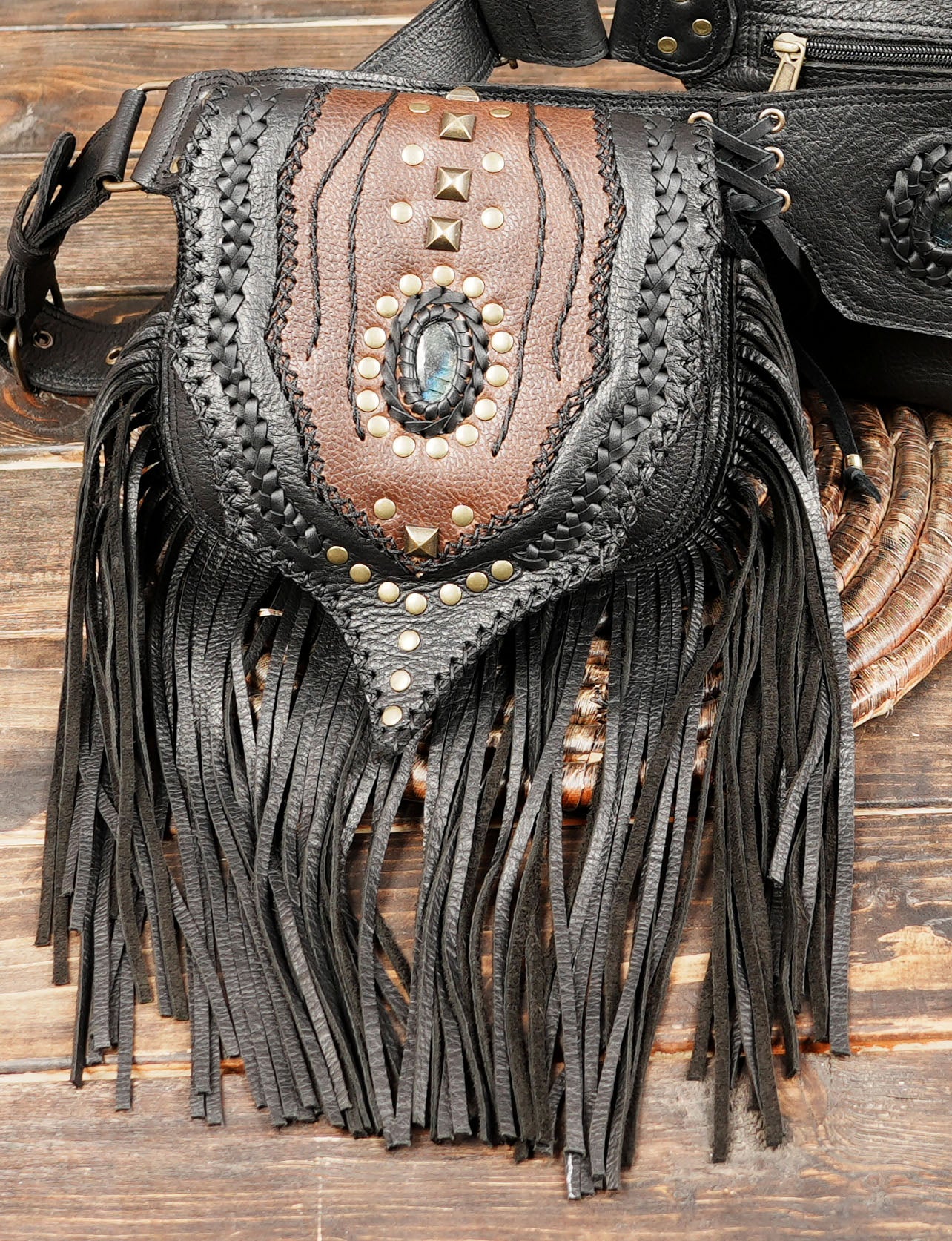 Artisan leather waist belt with braided leather, studs, and natural stone centerpiece