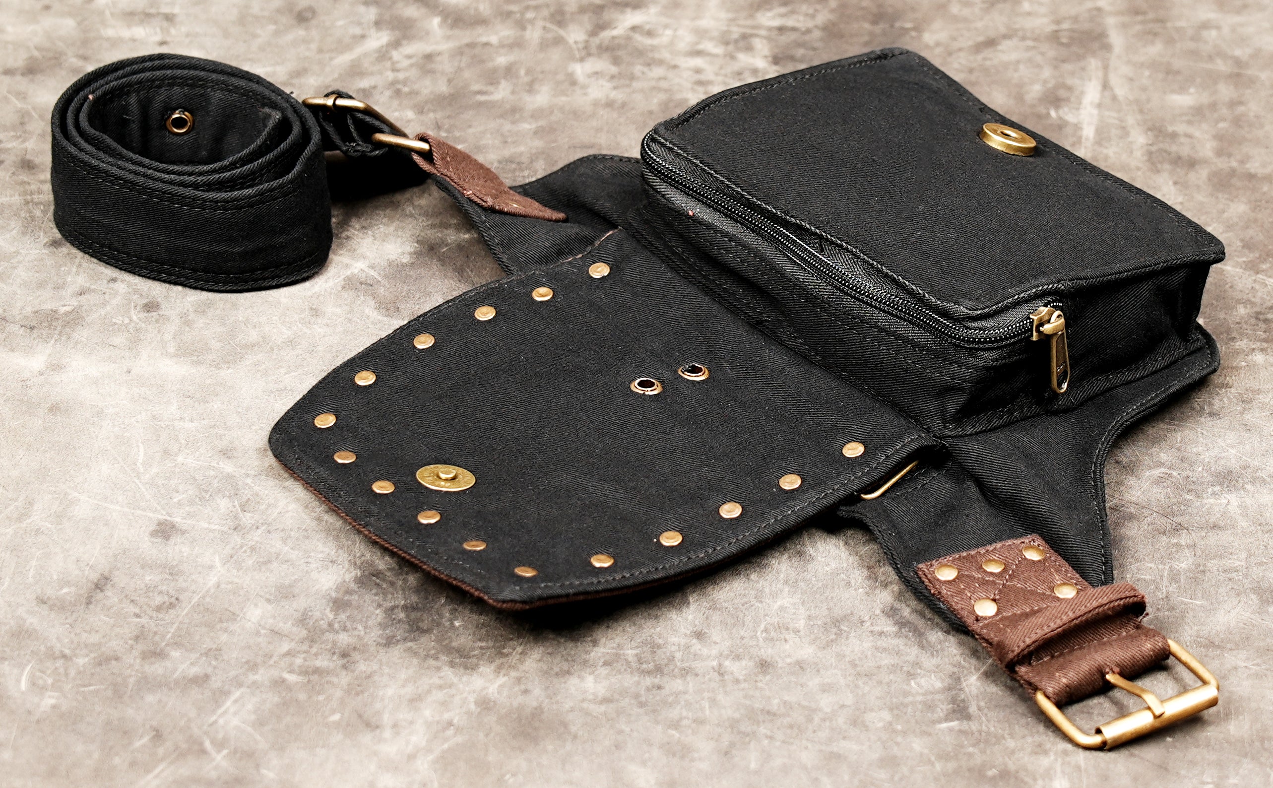 Black waist belt pouch with antique brass buckles