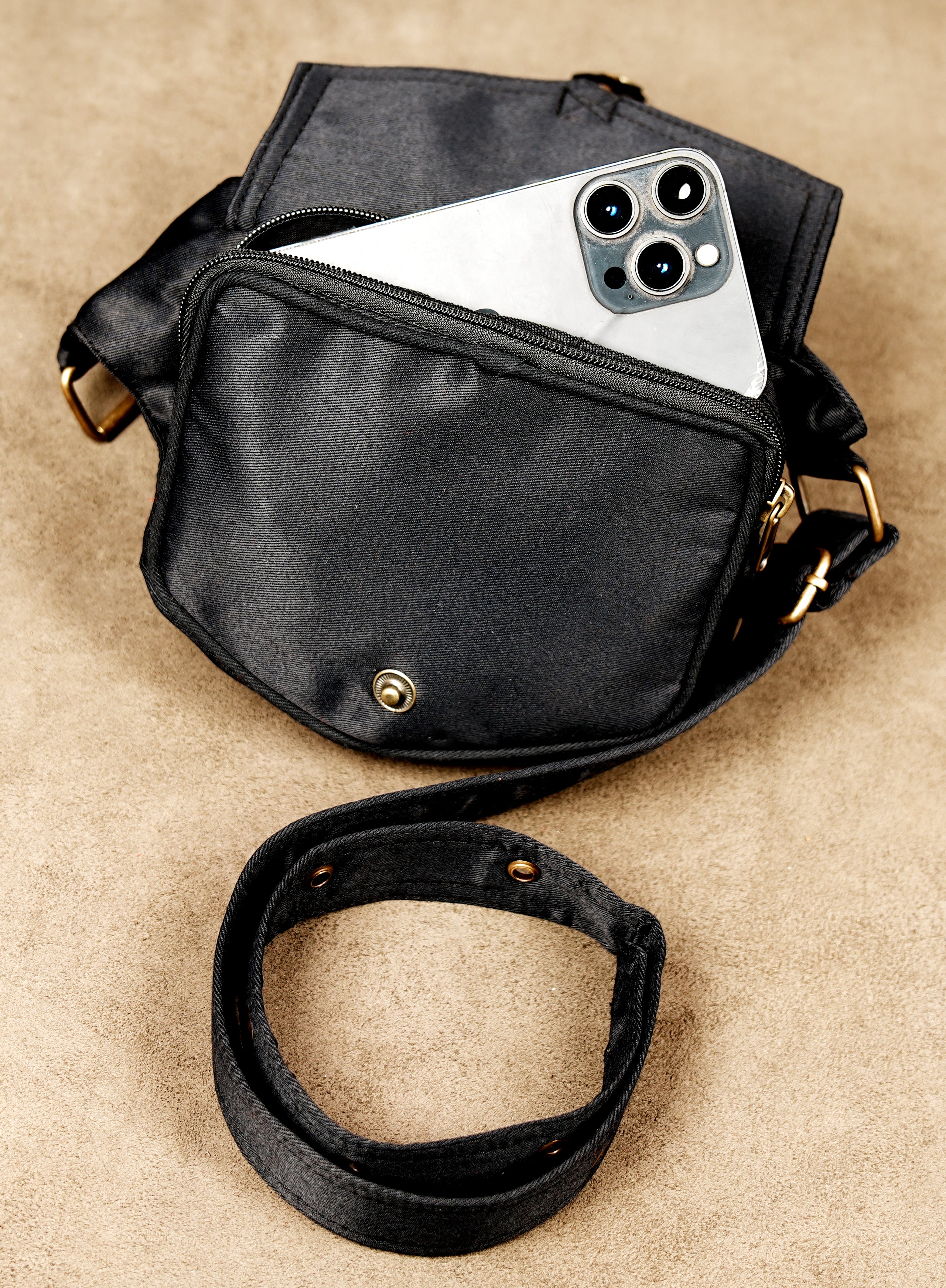 Rugged black canvas belt pouch for alternative fashion lovers
