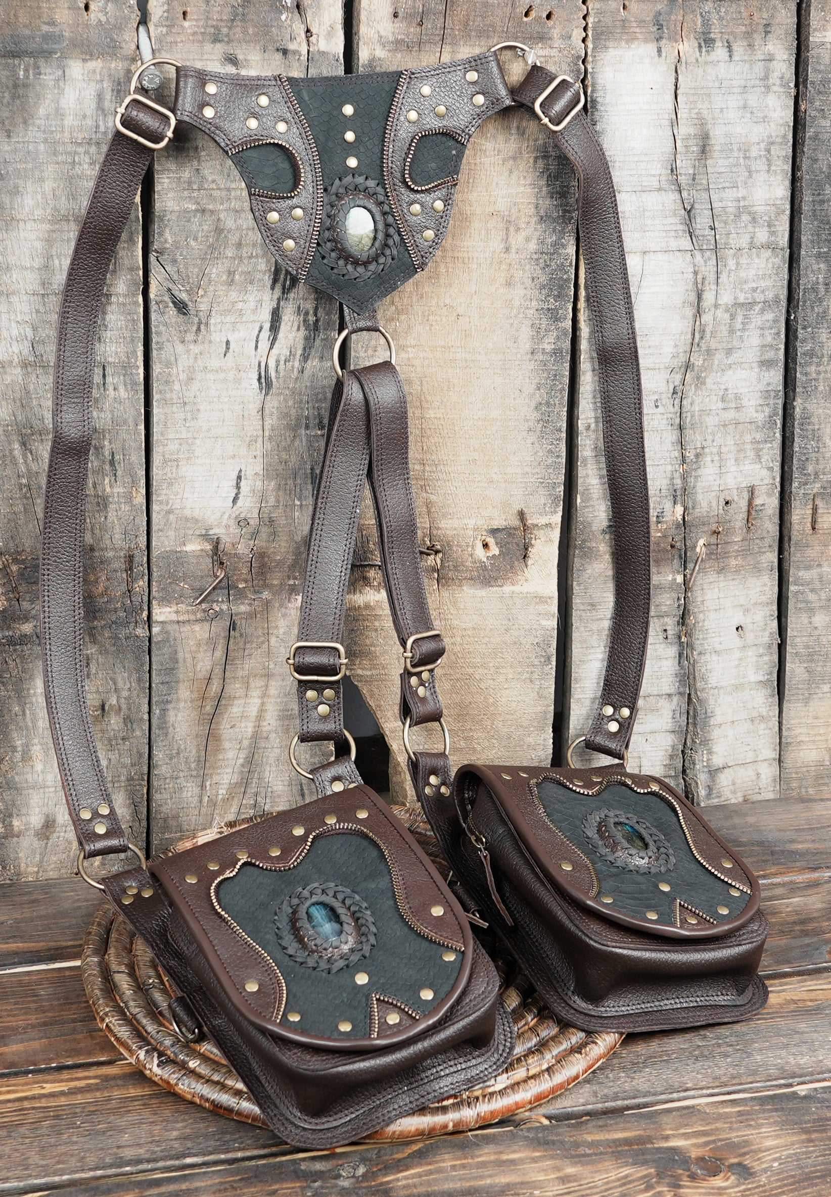 Premium leather shoulder harness with reptile texture inserts and stones