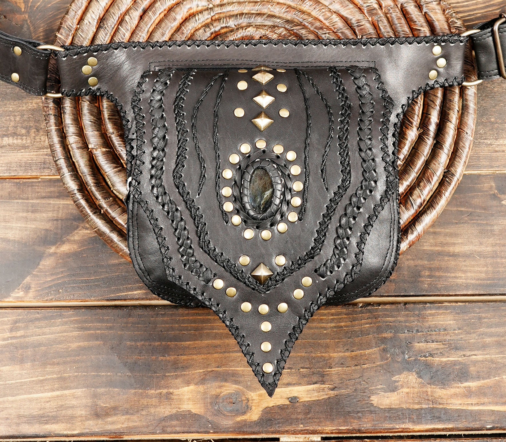 Gothic boho belt bag made from genuine black leather