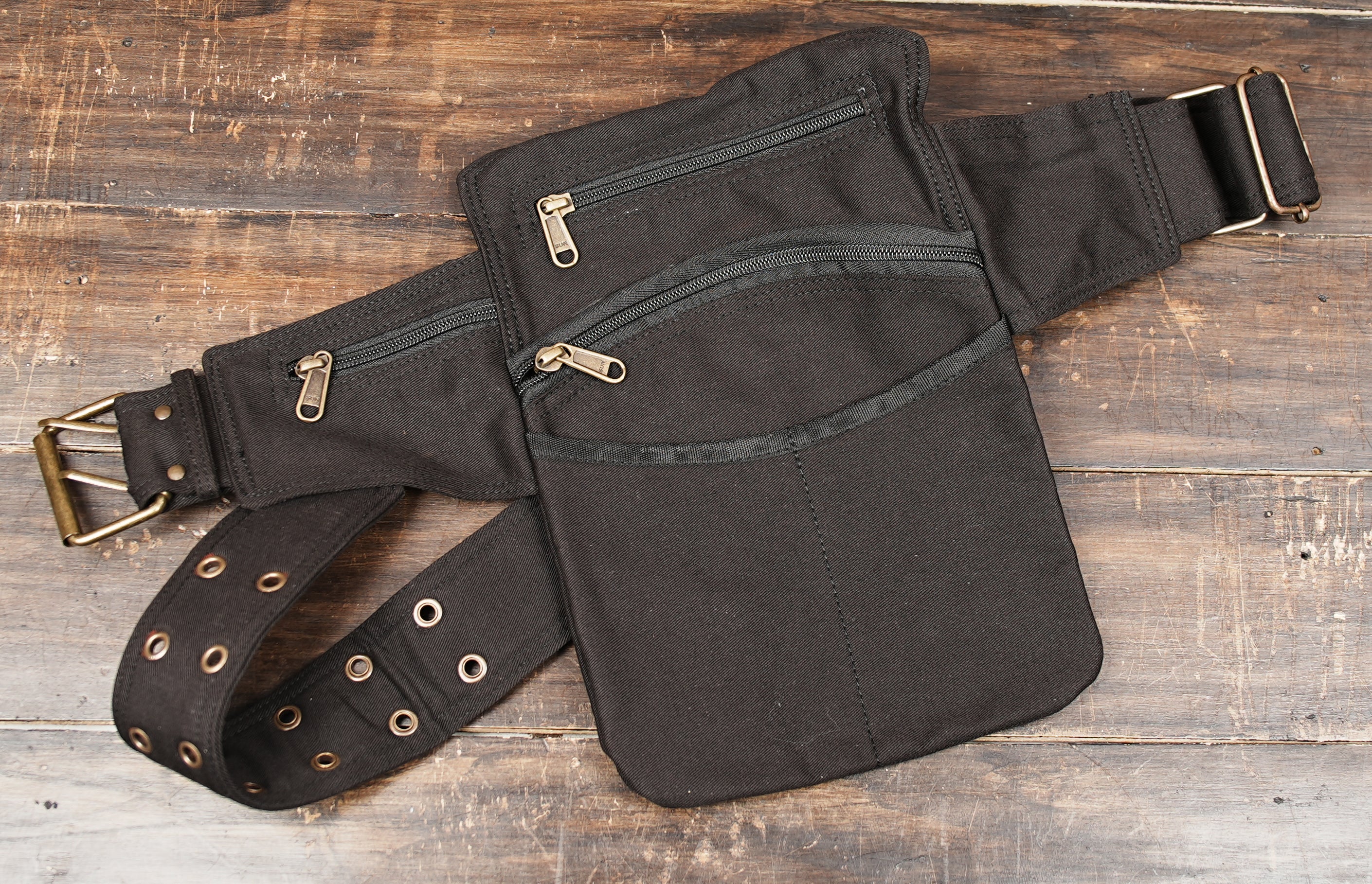 Festival hip pouch made from durable cotton with antique brass accents
