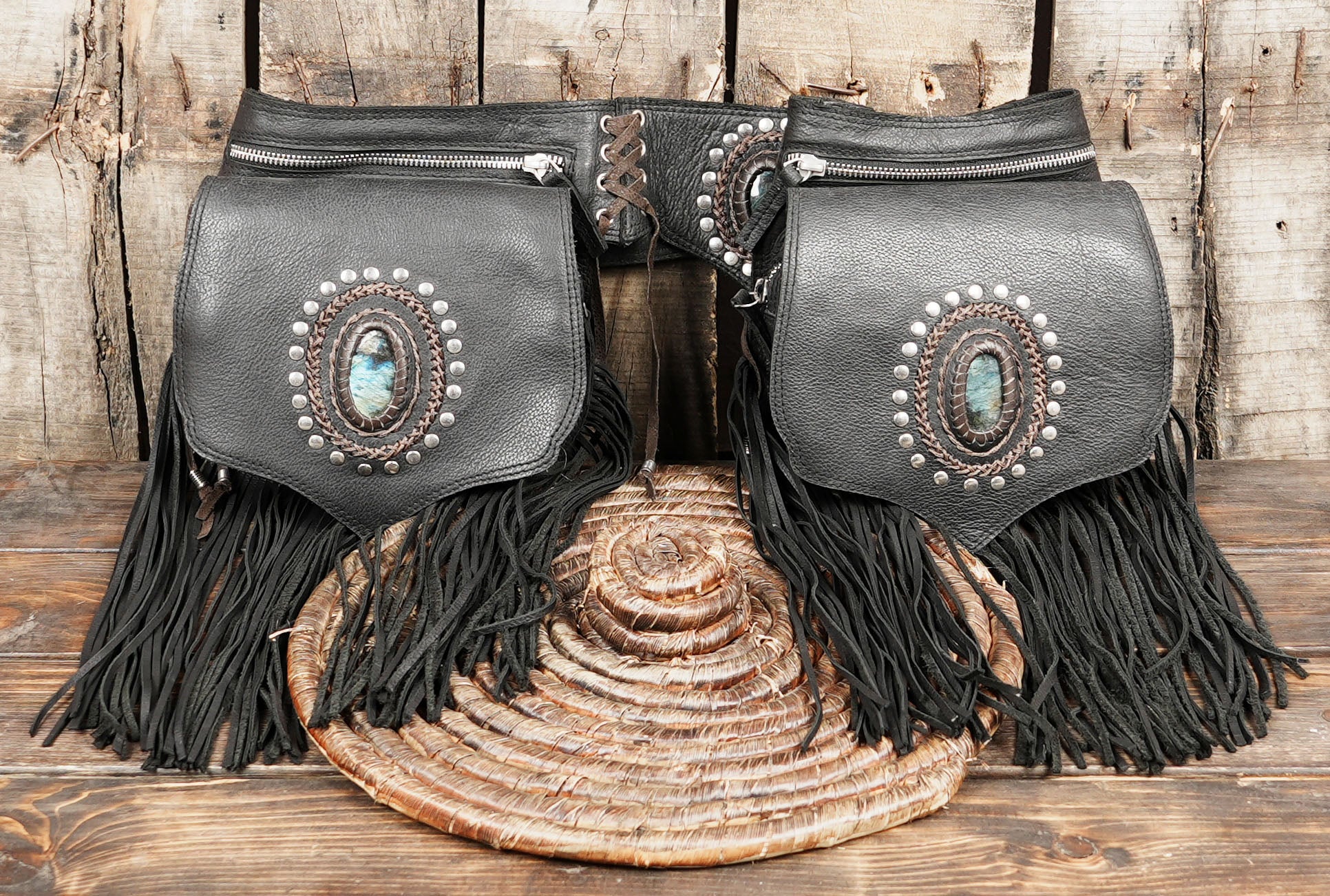 Artisan leather waist belt with gemstone and lace-up accents