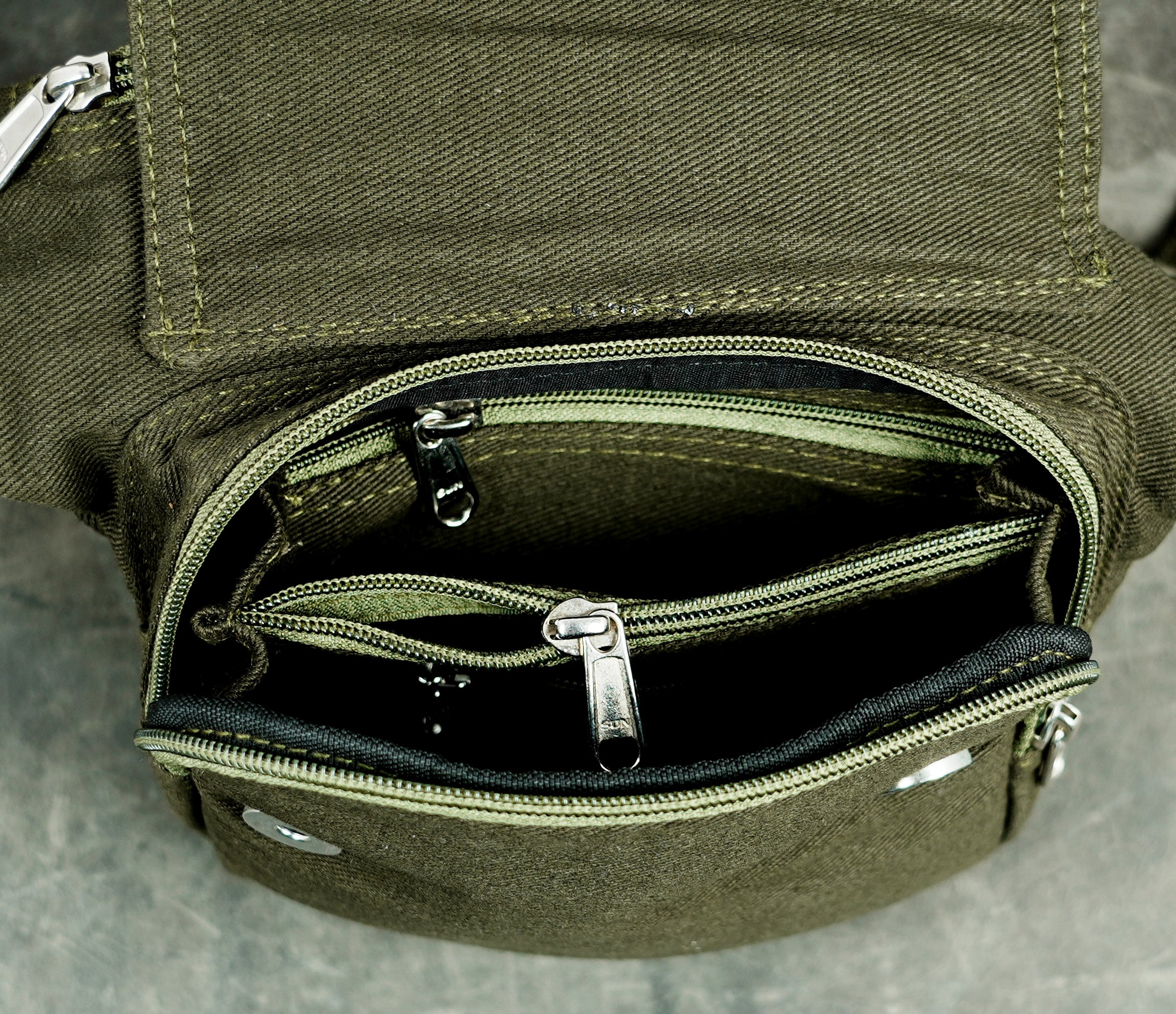 Handmade cotton canvas fanny pack in olive green with metal hardware