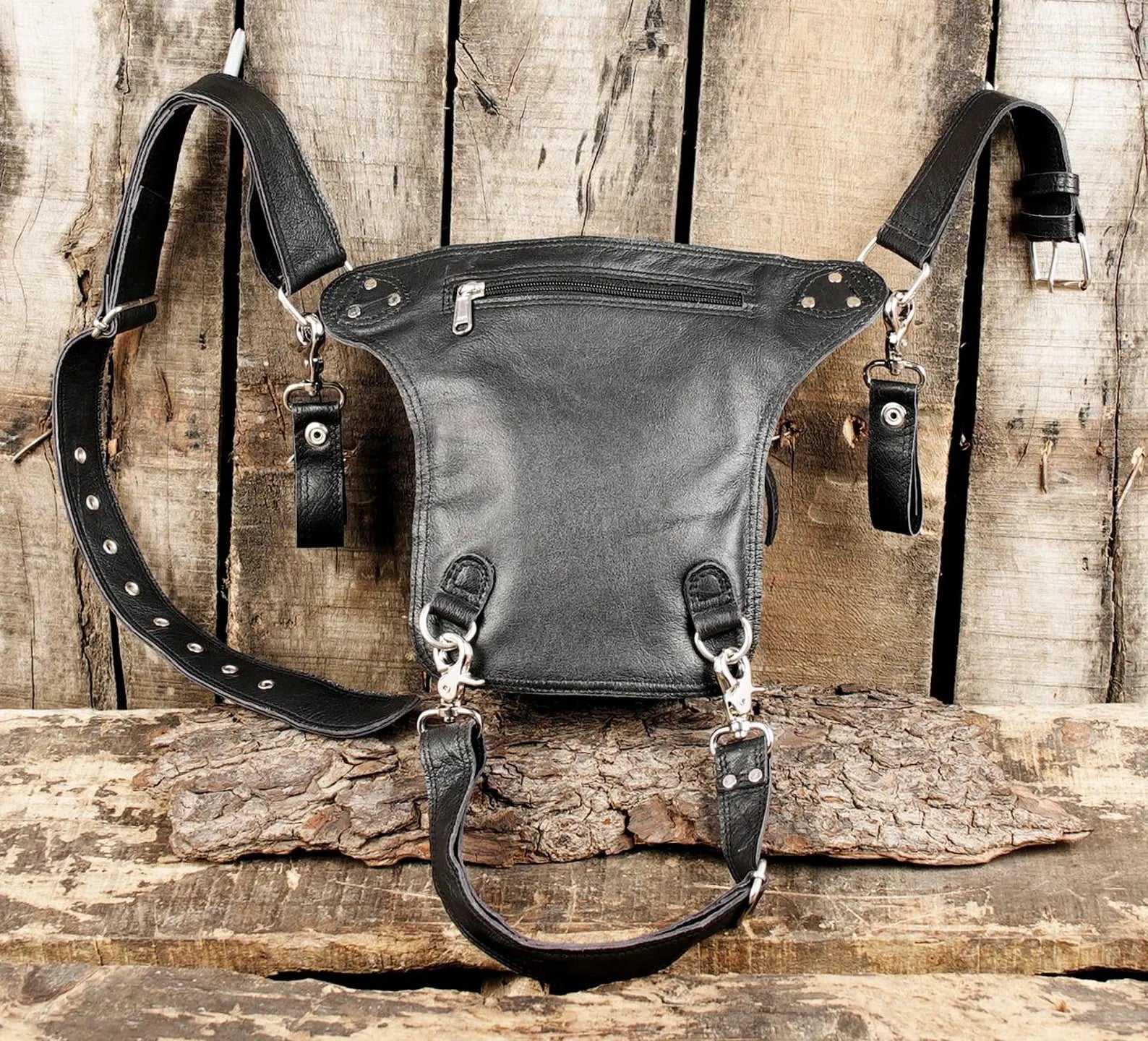 Handmade Leather Leg Bag Holster with Utility Pouch and Silver Hardware