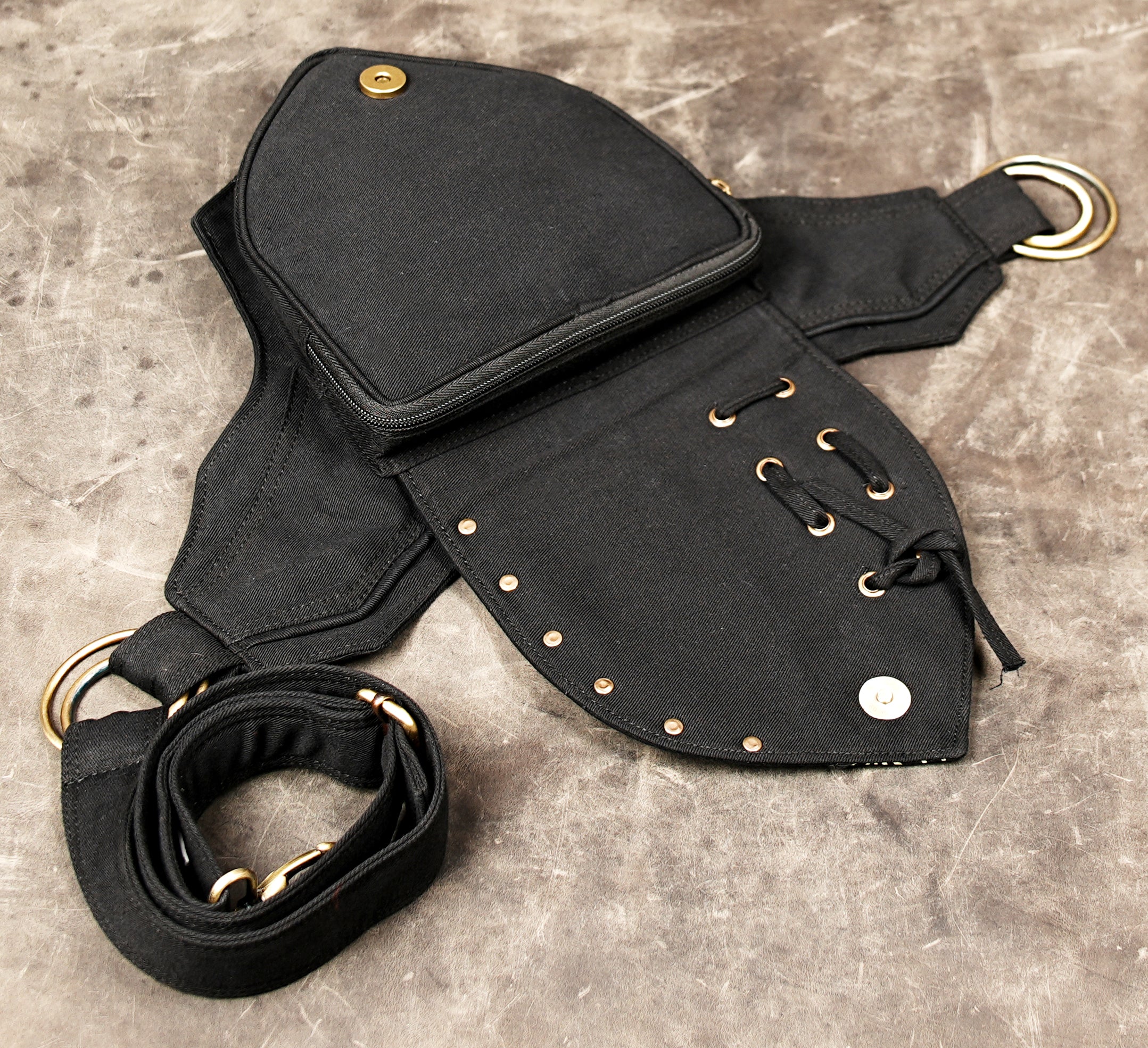 Black Cotton Waist Belt Bag, Geometric Festival Hip Pouch, Lace Up Utility Pack, Unisex Travel Accessory (CTN/AB/WB/1002)