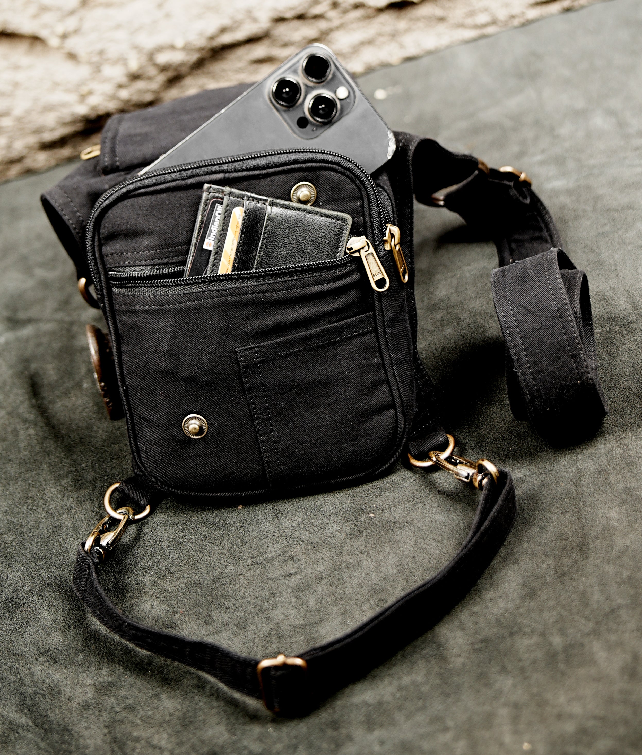 Unisex black cotton thigh bag with waist strap for men and women